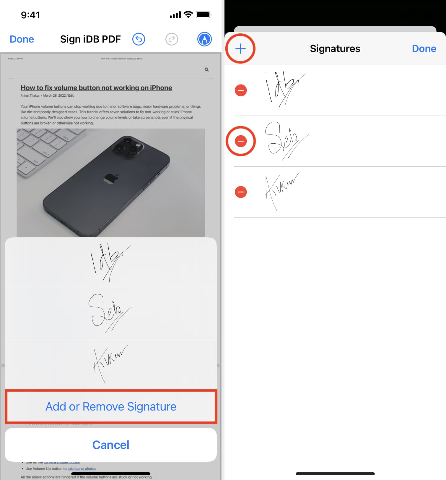 Add or Remove Signature on iPhone
