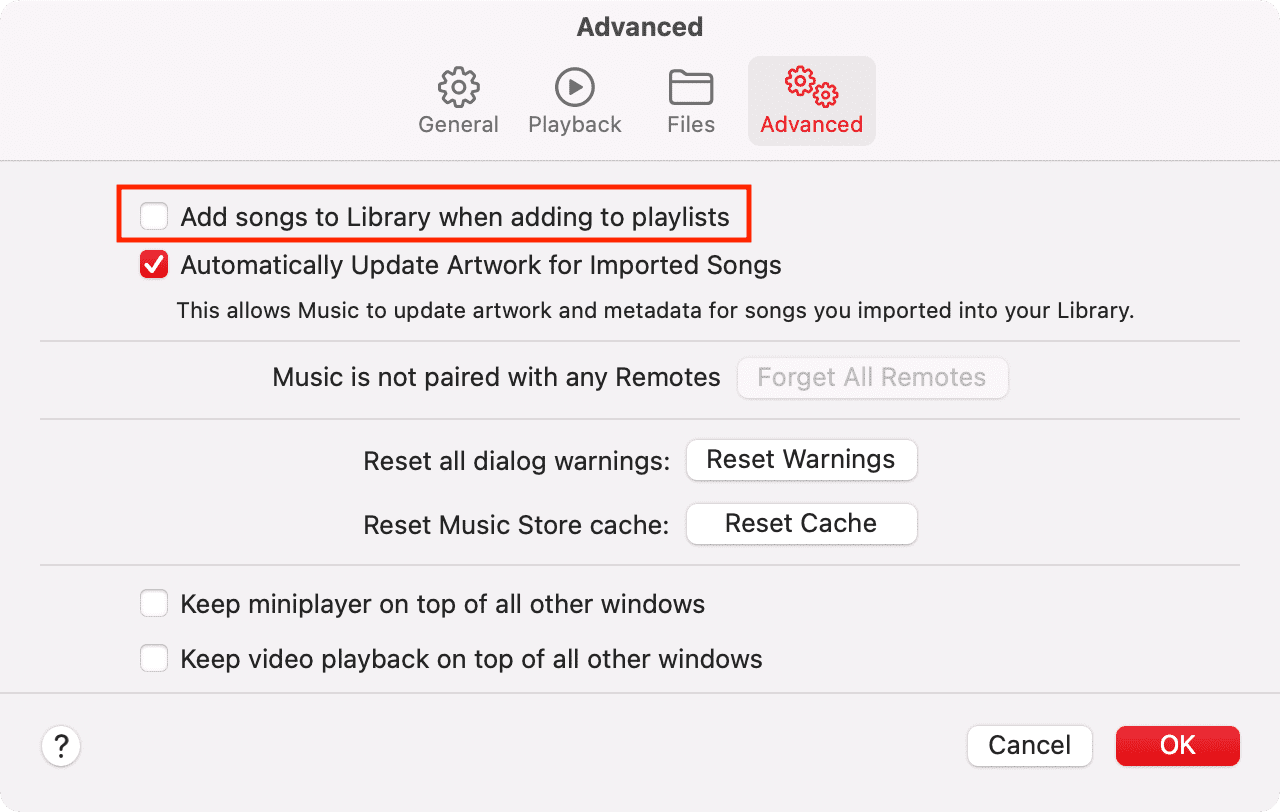 Uncheck Add songs to Library when adding to playlists in Music on Mac