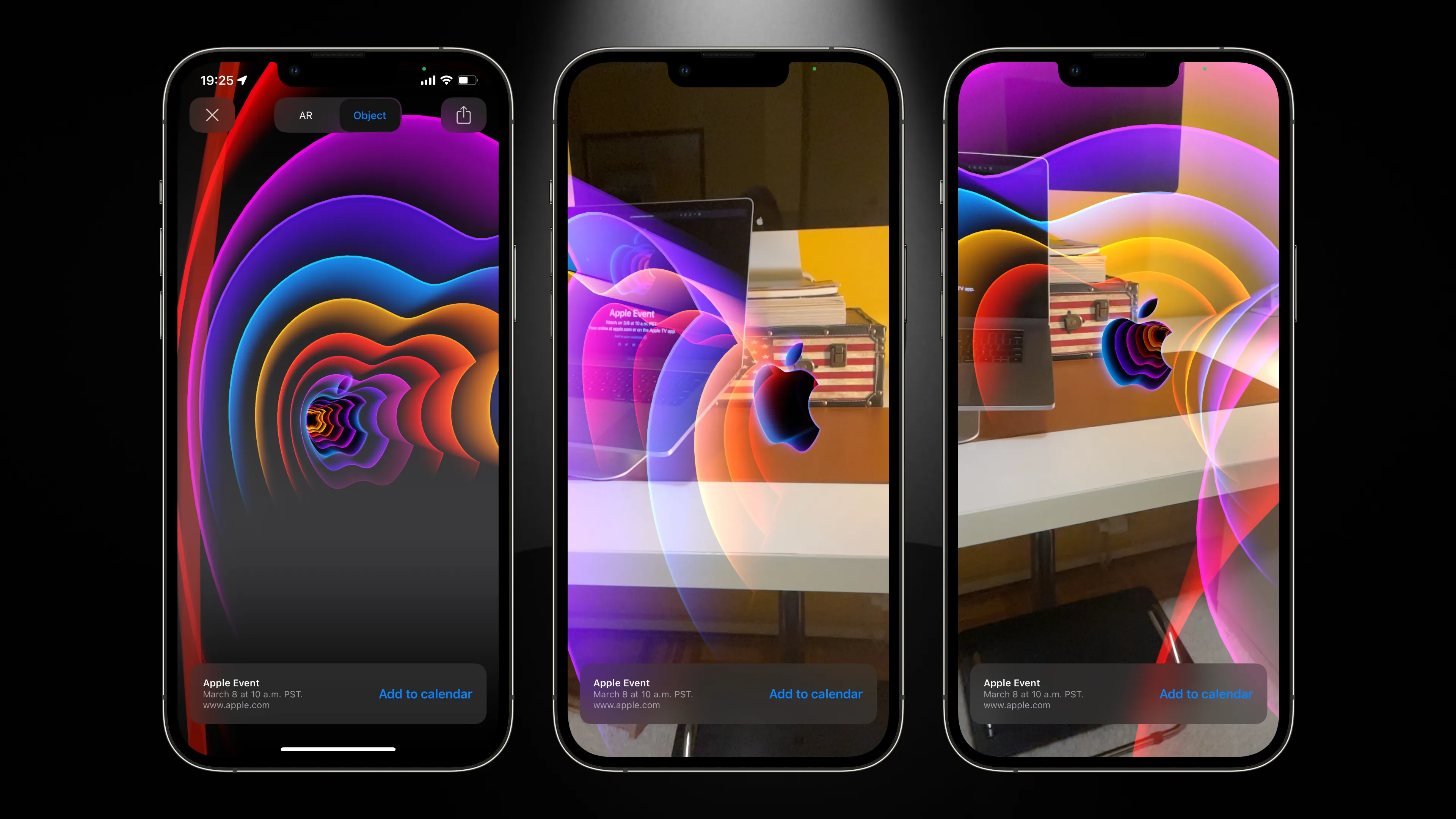 Three device screenshots showing a morphing Apple logo for the March 2022 event running on iPhone in augmented reality