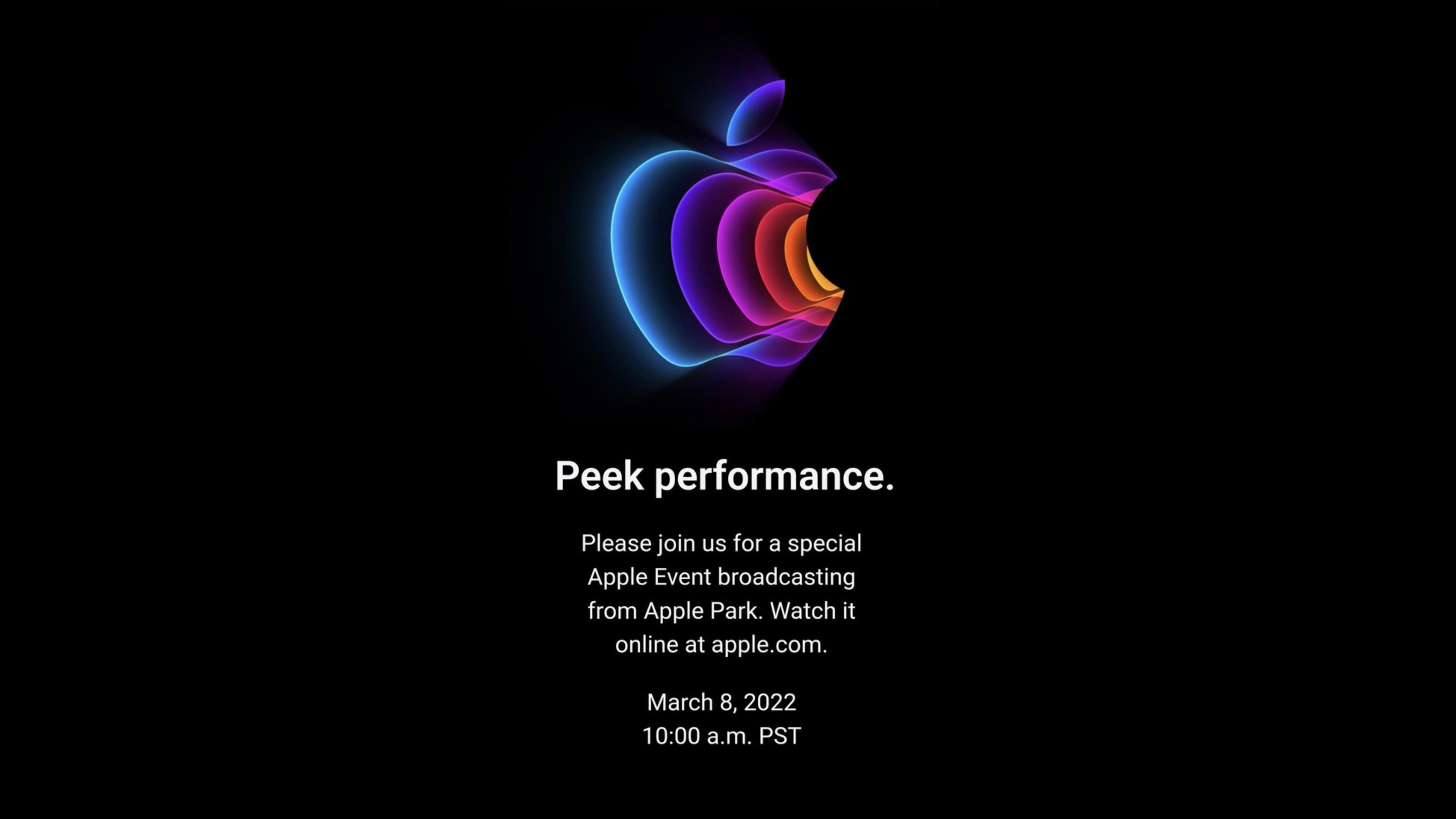 Official invite graphics for Apple's event on March 8, 2022 with the tagline “Peek performance”
