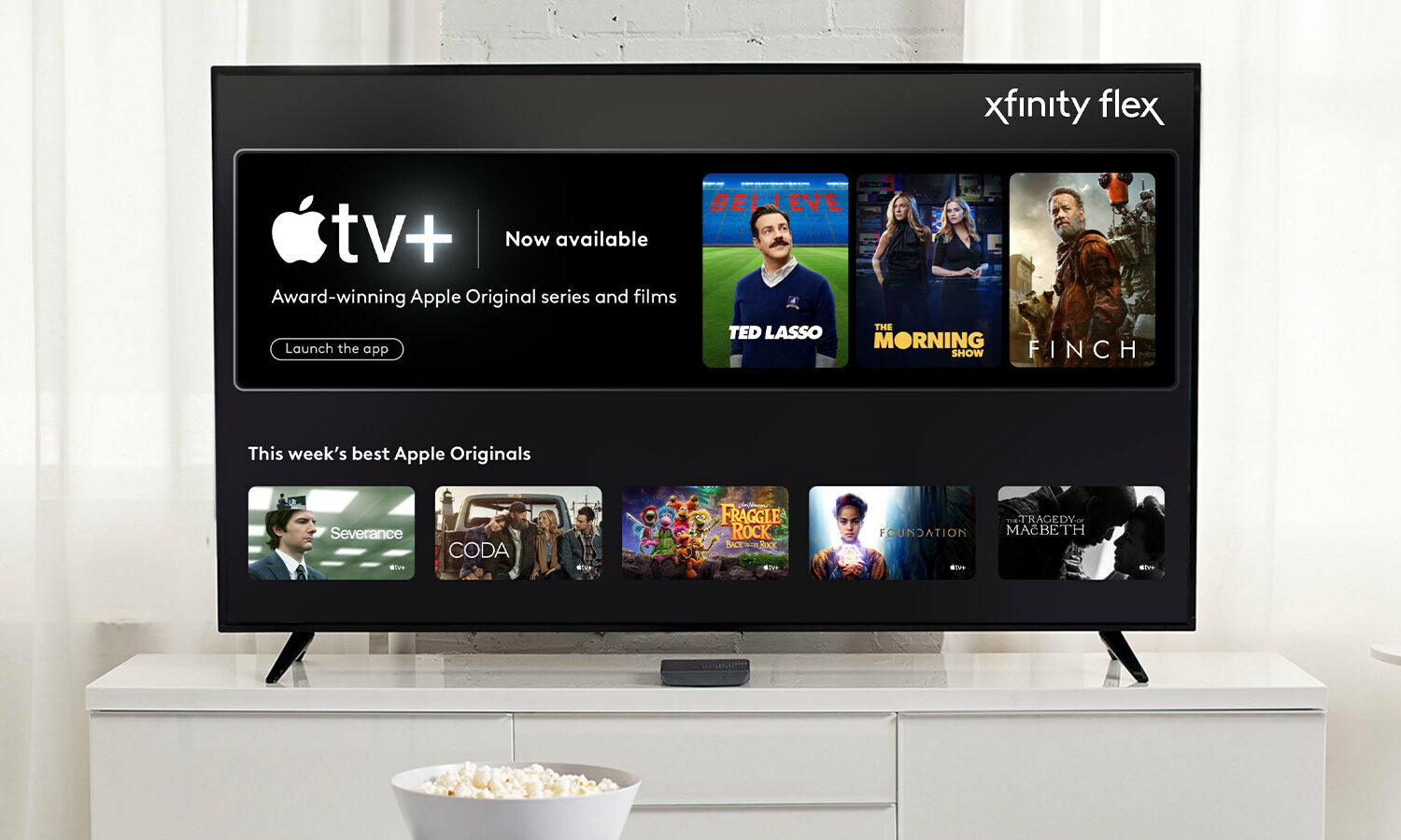 Marketing image showcasing the official Apple TV+ app from Comcast on Xfinity X1