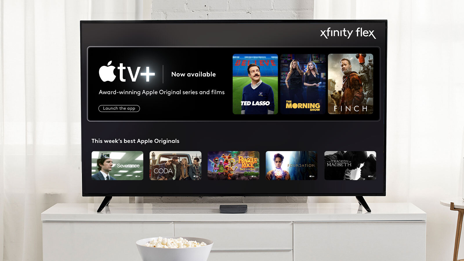 Marketing image showcasing the official Apple TV+ app from Comcast on Xfinity Flex 