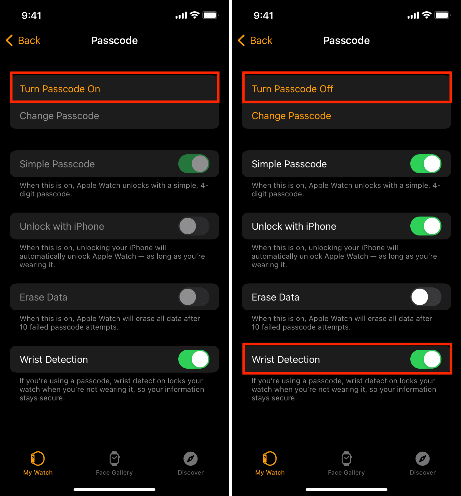 Apple Watch passcode and wrist detection settings to unlock iPhone