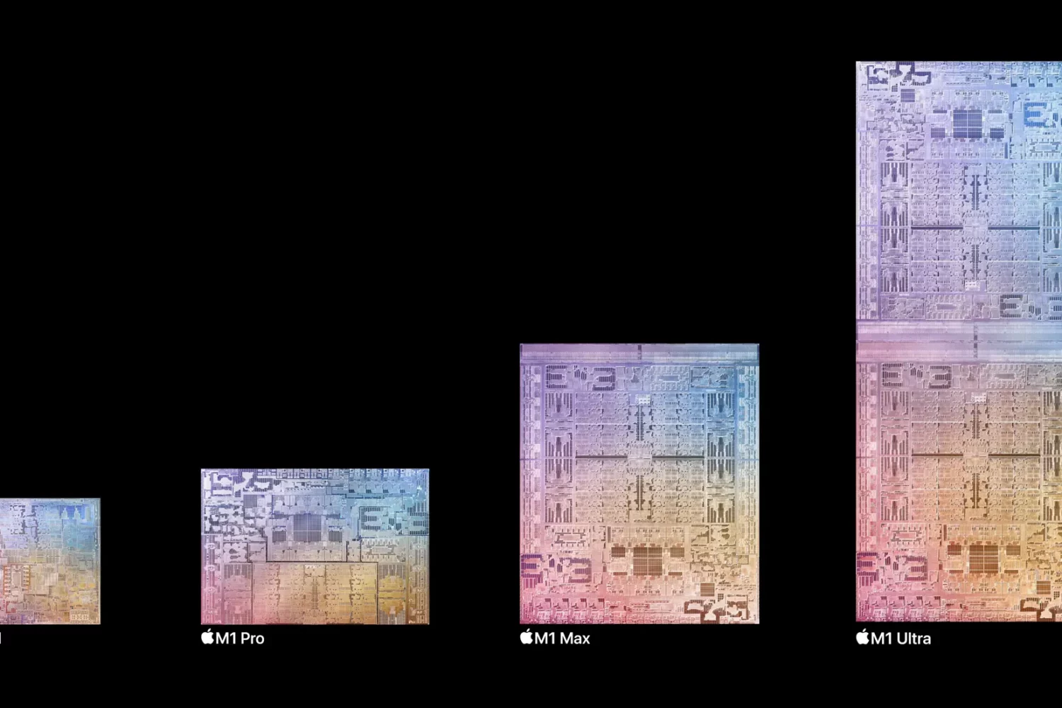 Apple's marketing image showcasing each chip in the M1 family, left to right: M1, M1 Pro, M1 Max and M1 Ultra
