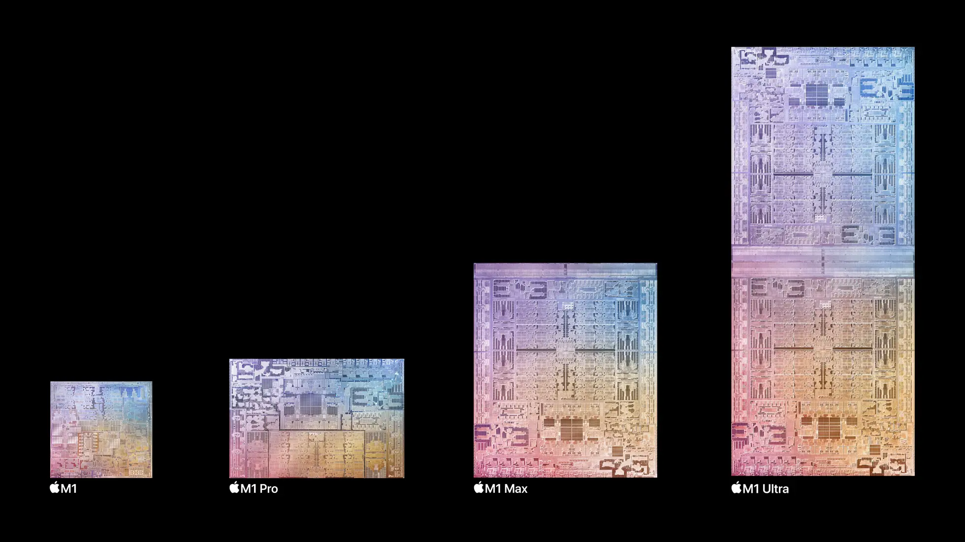 Apple's marketing image showcasing each chip in the M1 family, left to right: M1, M1 Pro, M1 Max and M1 Ultra
