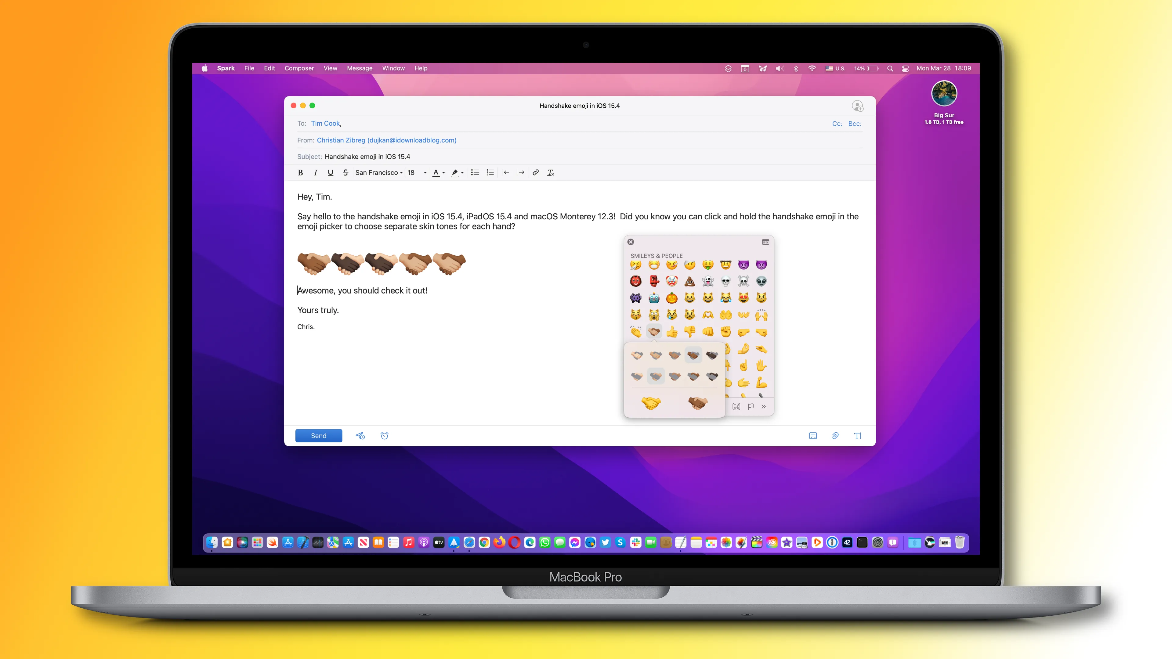 A macOS device screenshot showing setting skin tone separately for each hand of the handshake emoji in Apple Mail for Mac