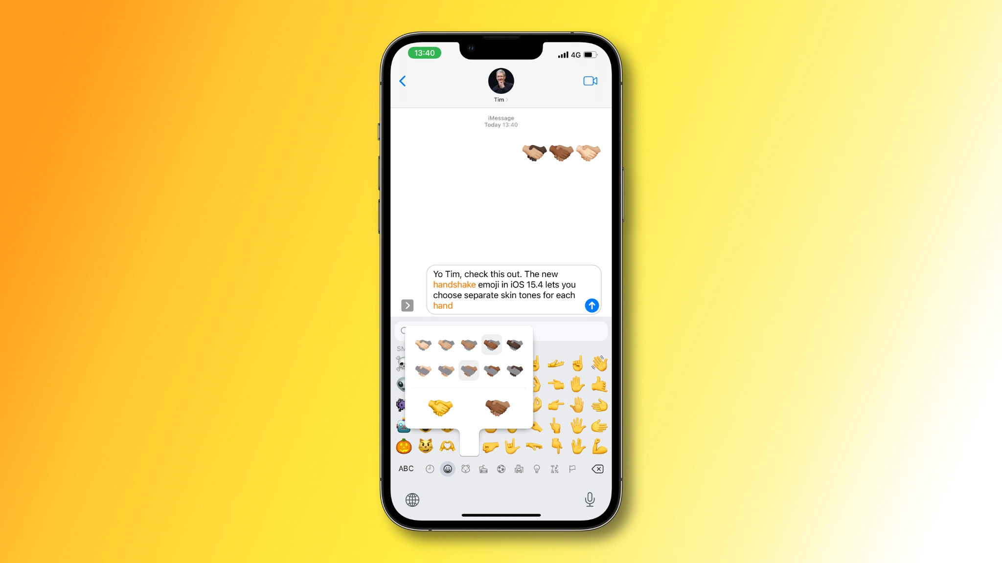 An iOS device screenshot showing setting skin tone separately for each hand of the handshake emoji in Apple Messages on iPhone