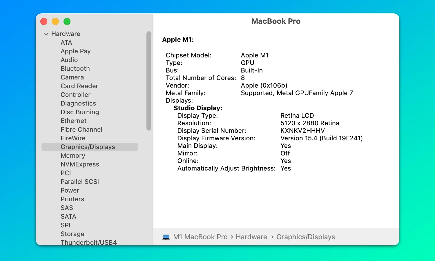 A screenshot of the System Information application in macOS showing the iOS version number powering the connected Studio Display
