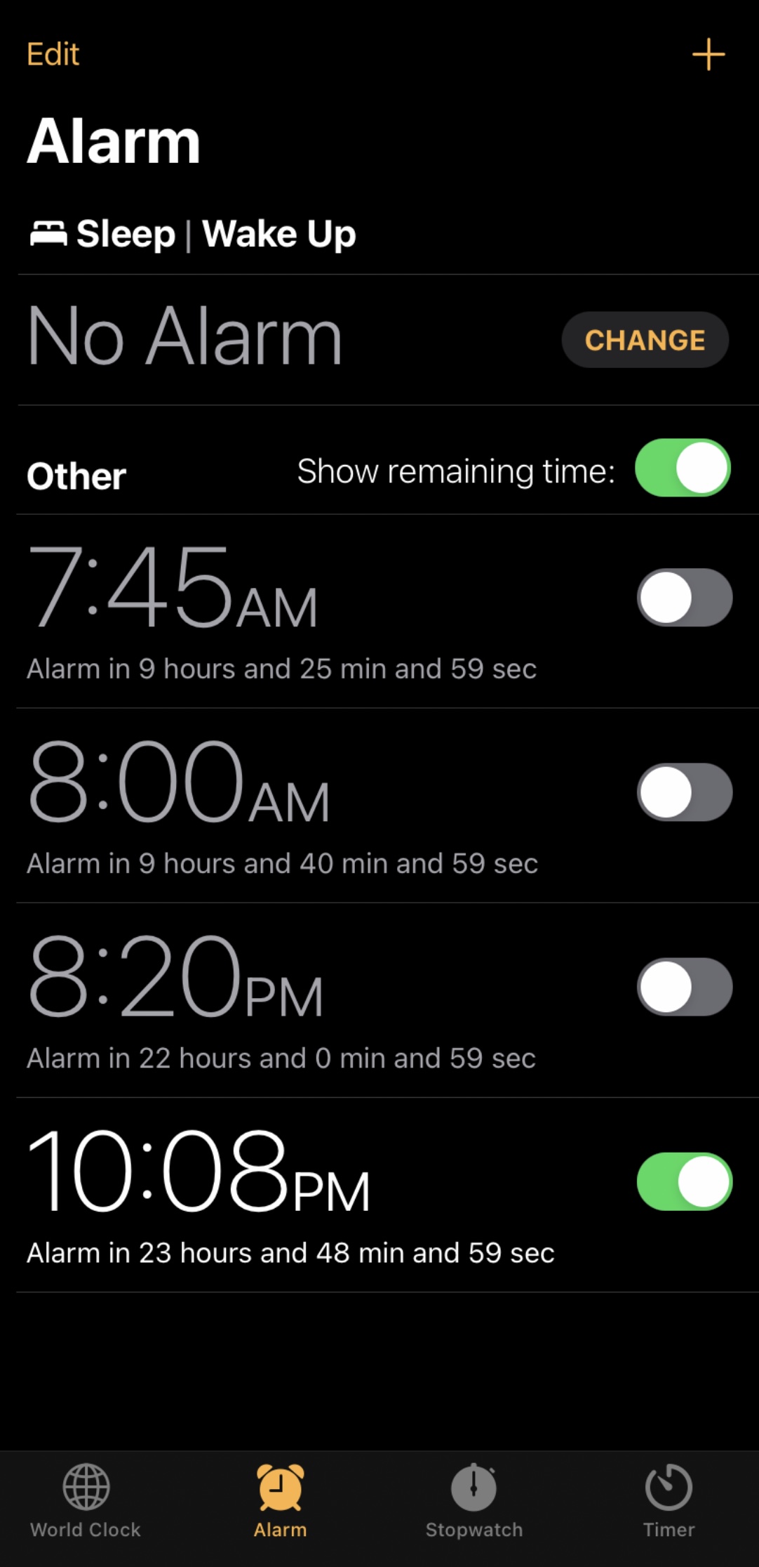 ClockPlus shows how much time remains before pending alarms will fire.