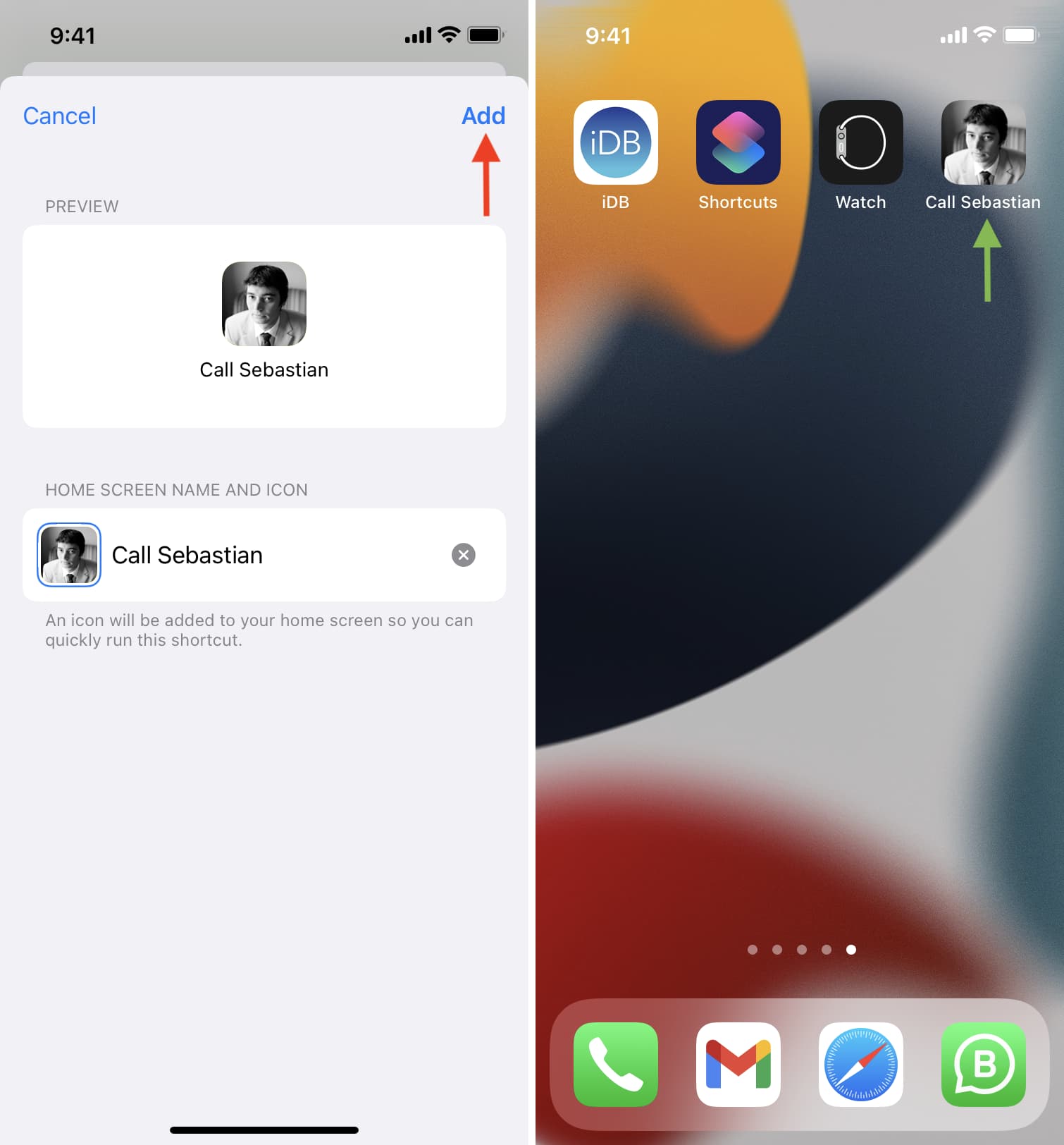 Contact shortcut added to iPhone Home Screen