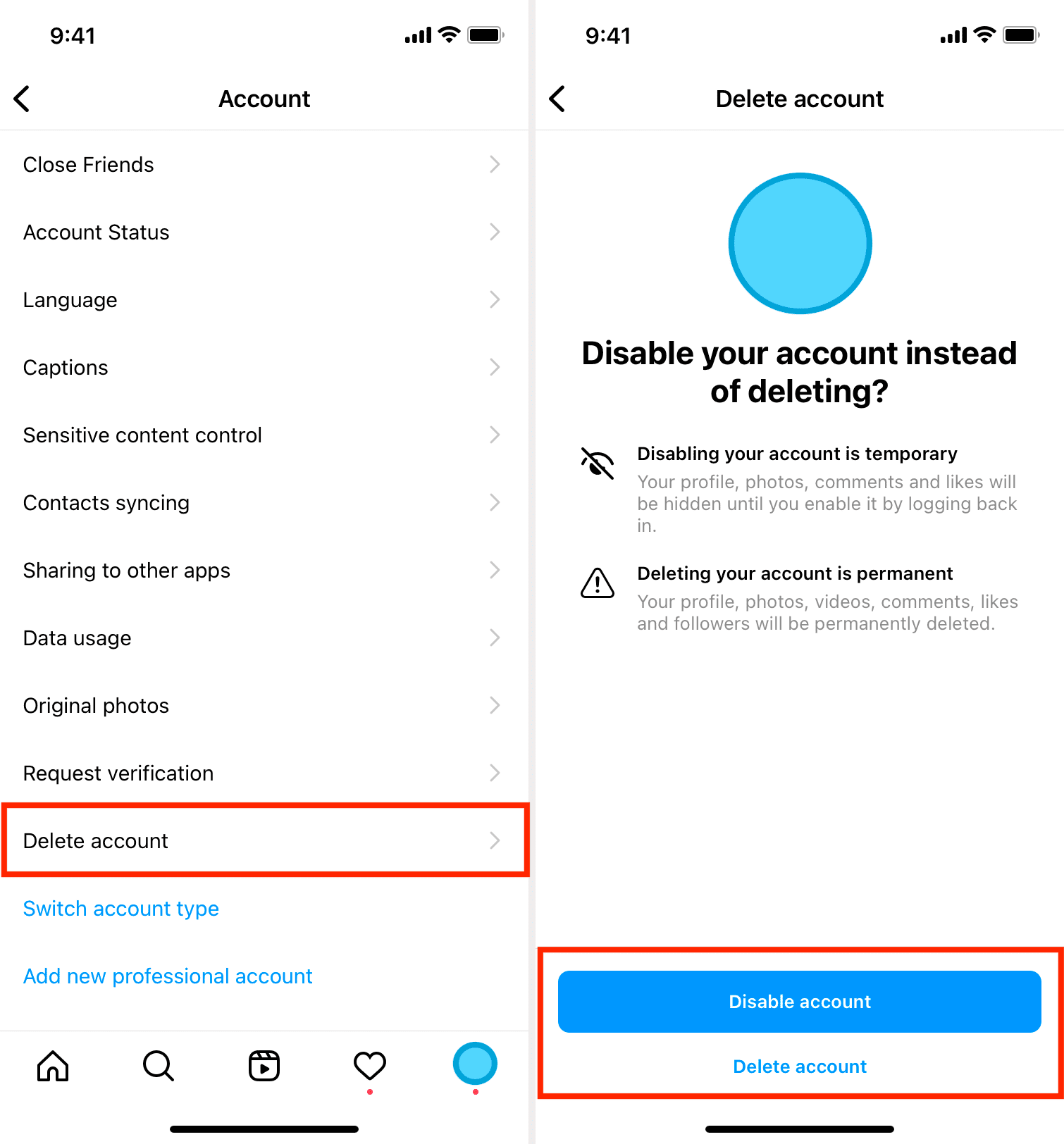 Delete Instagram account from official app on phone