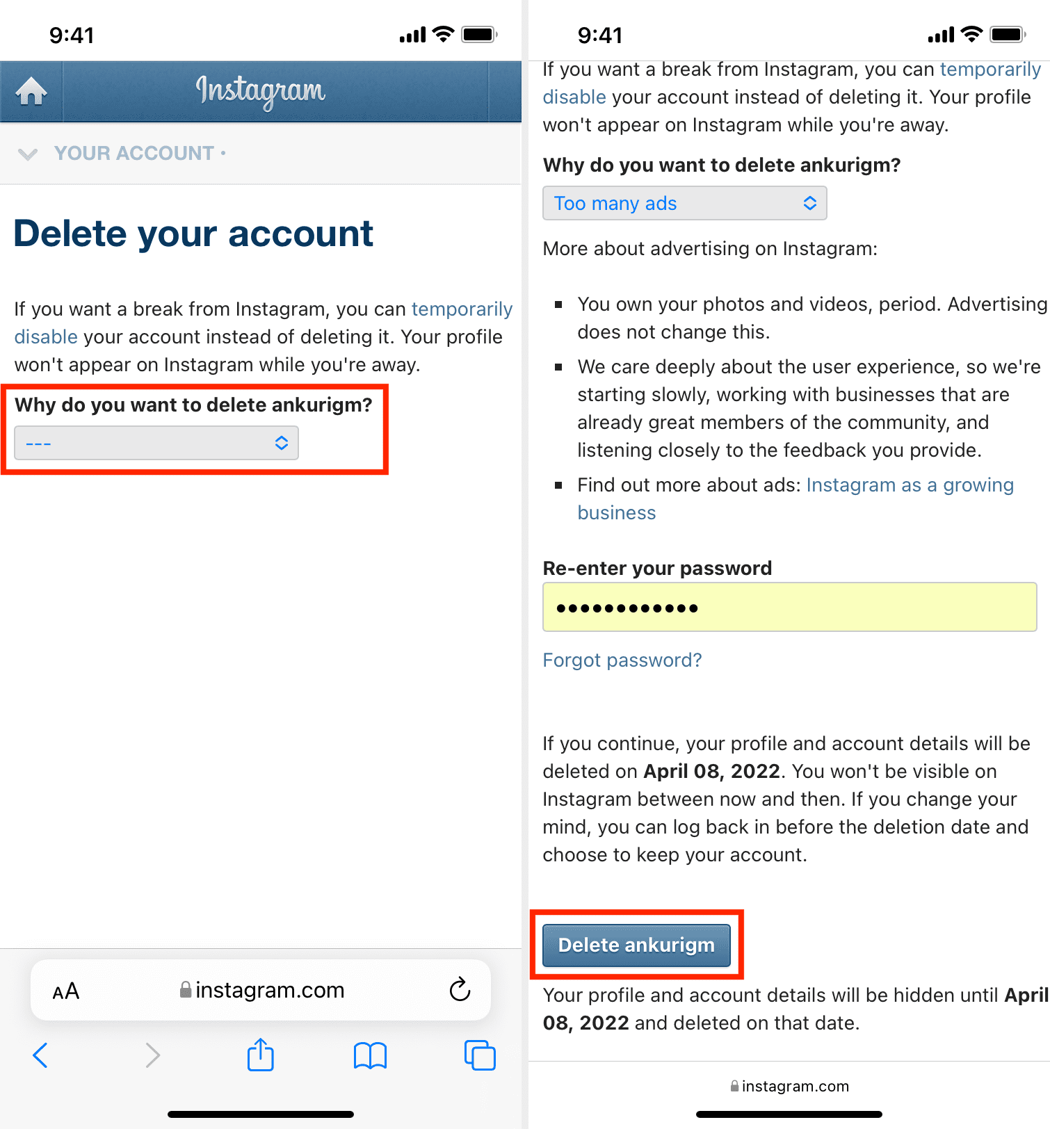 Steps to delete Instagram account