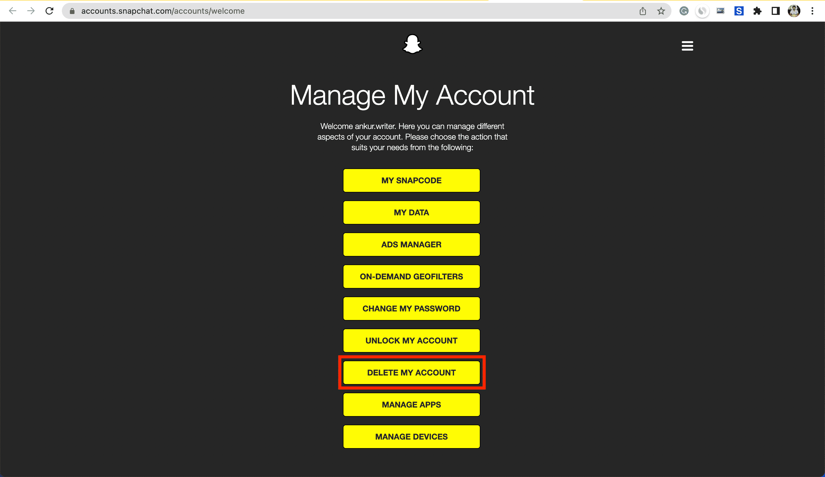 Delete My Account on Snapchat in a web browser