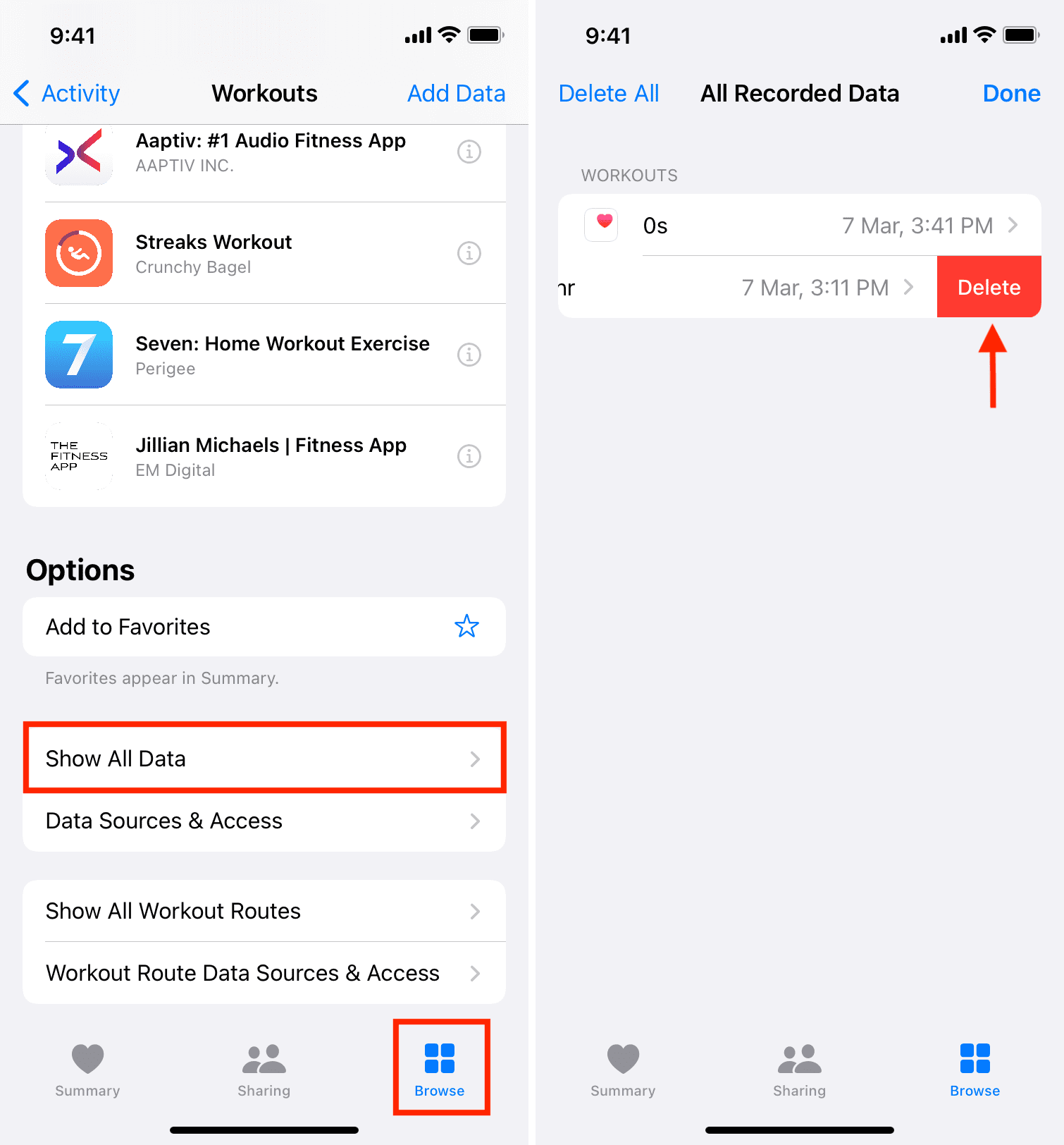 Delete Recorded Workout Data in Health app on iPhone
