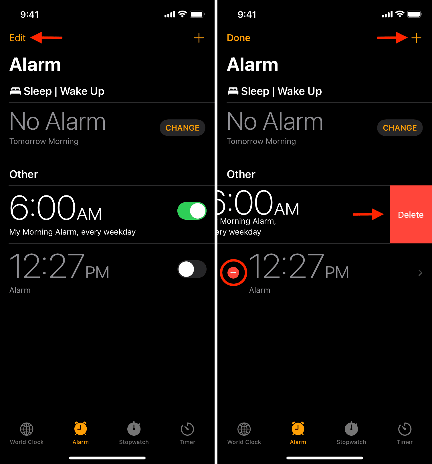 Delete alarms and add new alarm on iPhone