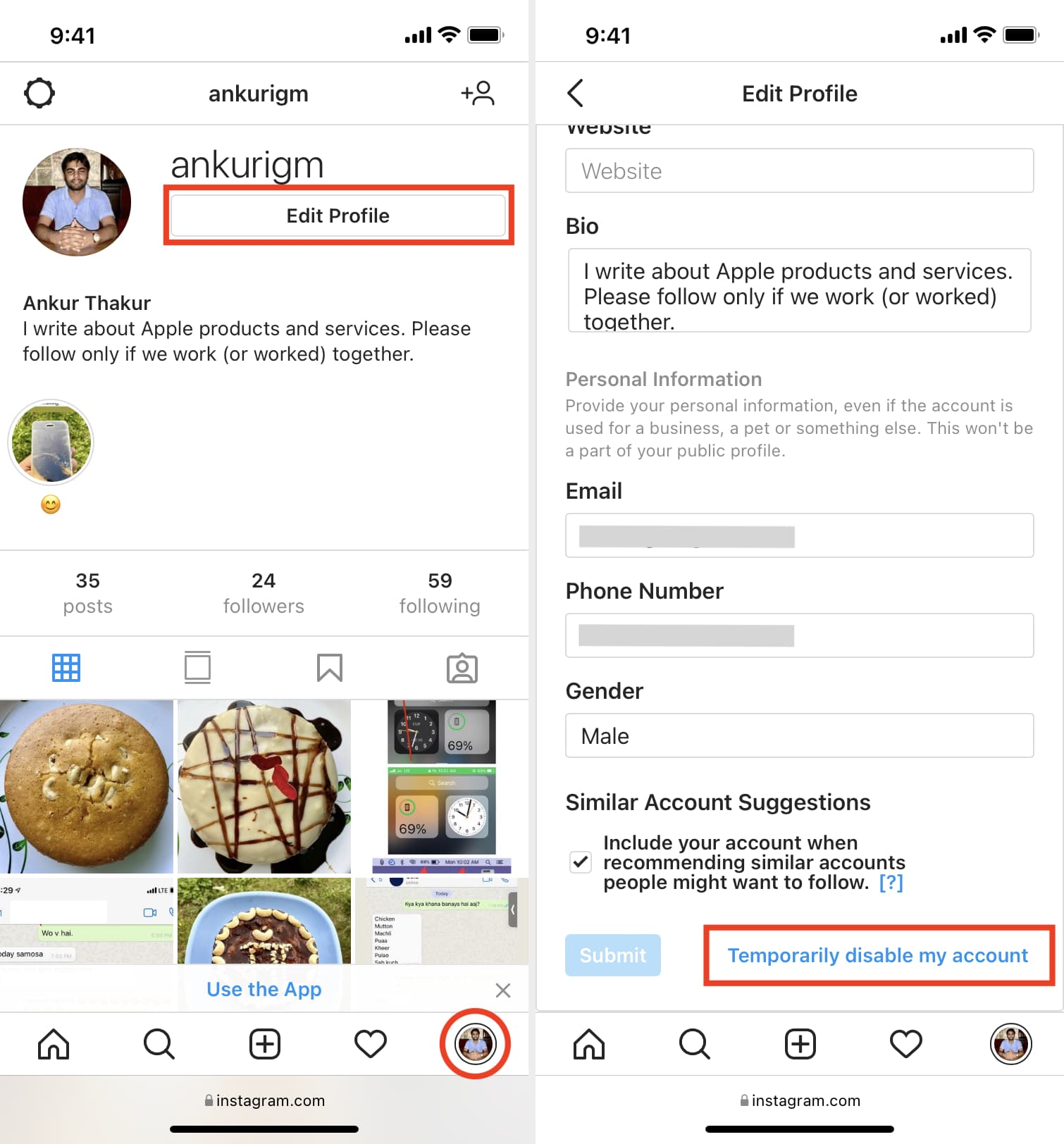 Steps to disable your Instagram account