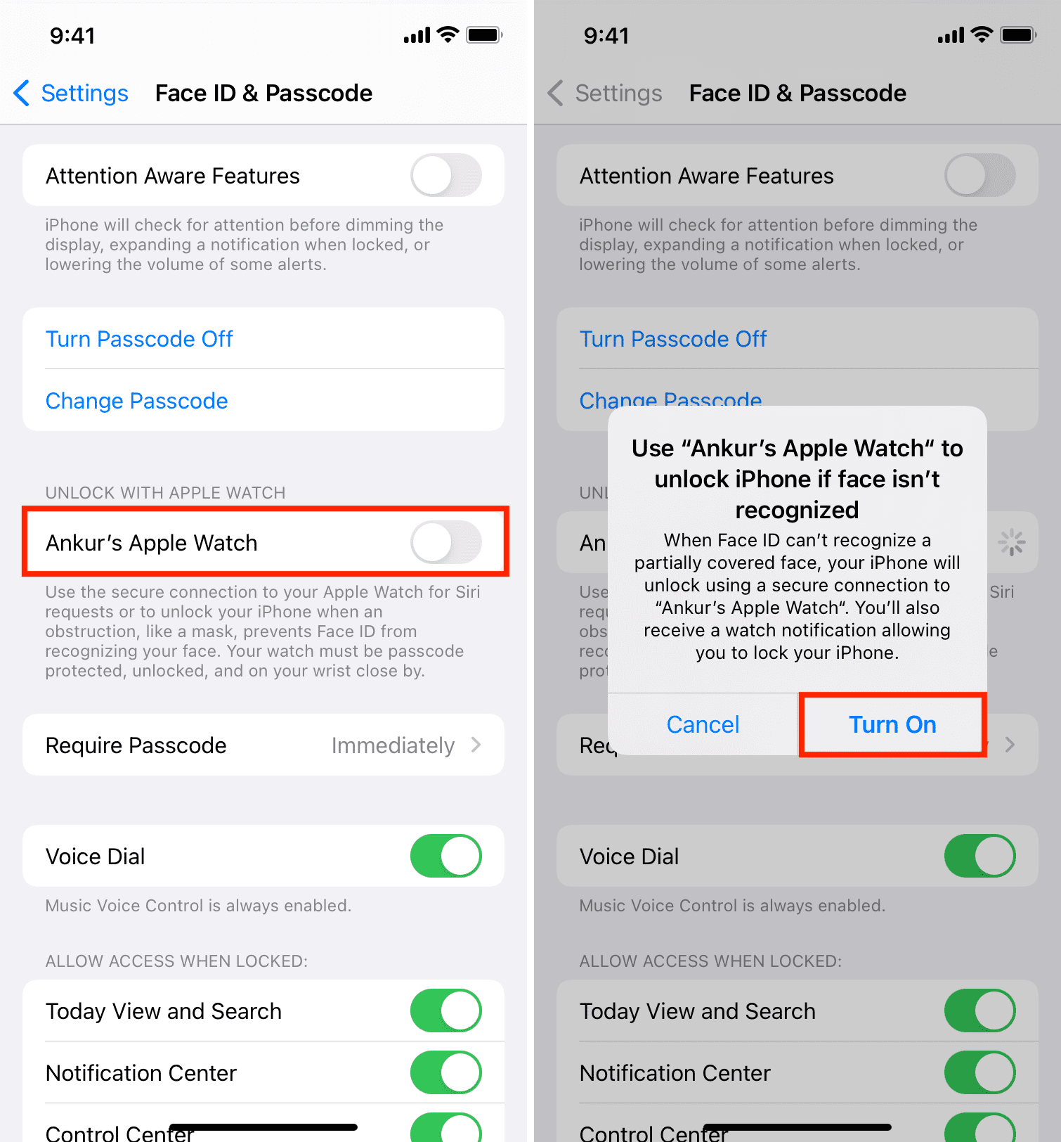 Disable and enable Unlock with Apple Watch to fix the issue