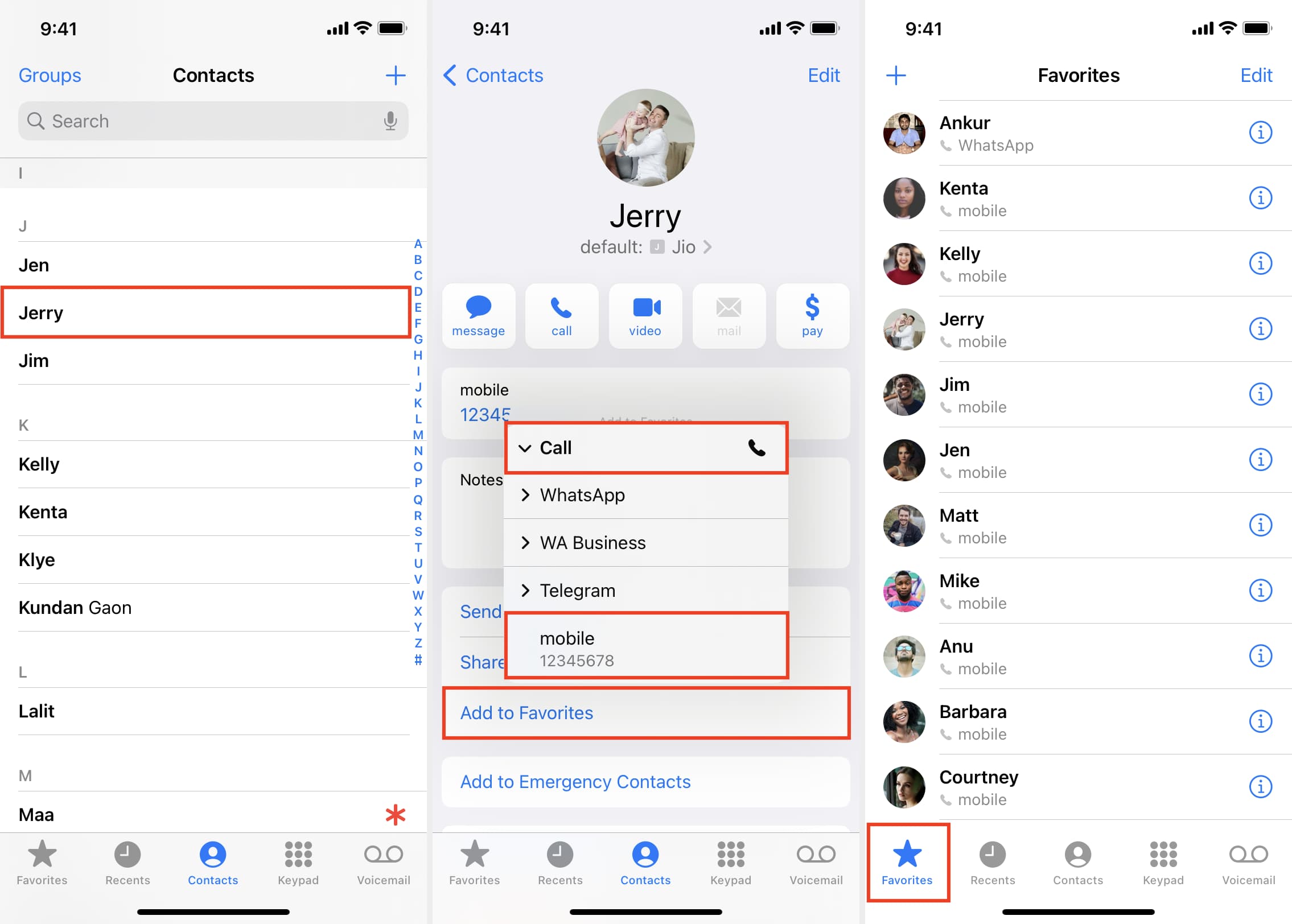 Favorites in Phone app to speed dial on iPhone