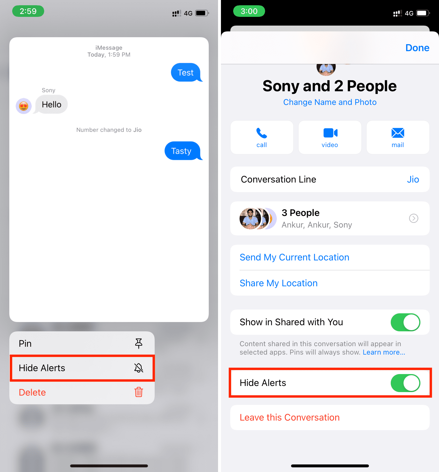 Hide Alerts for group conversation on iPhone