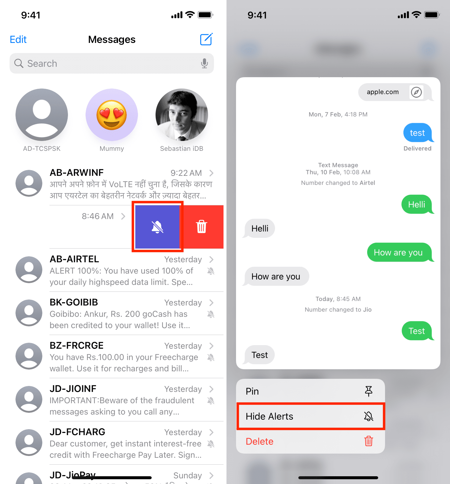 Hide Alerts in iPhone Messages app
