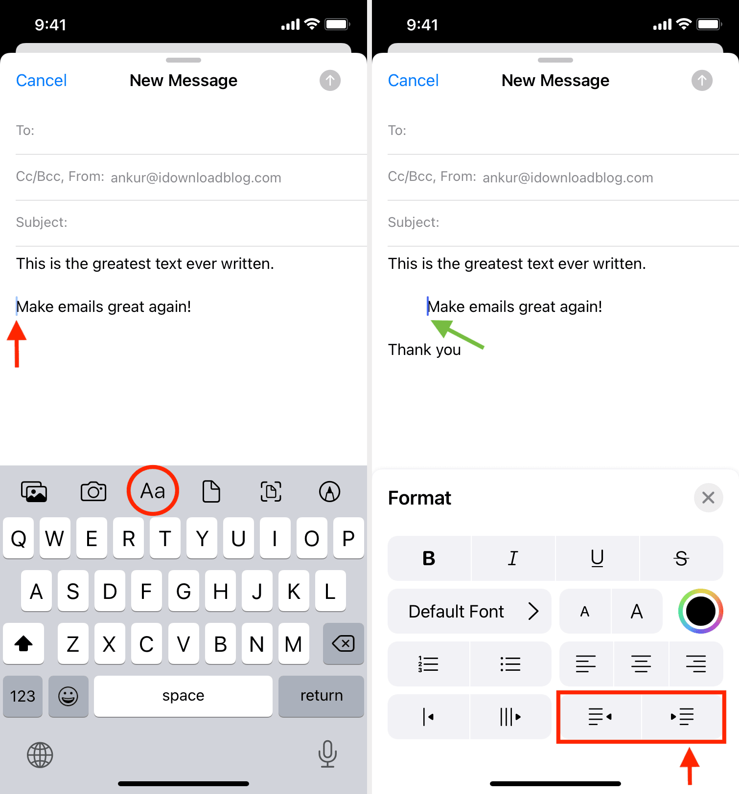 Indent text in Mail app on iPhone