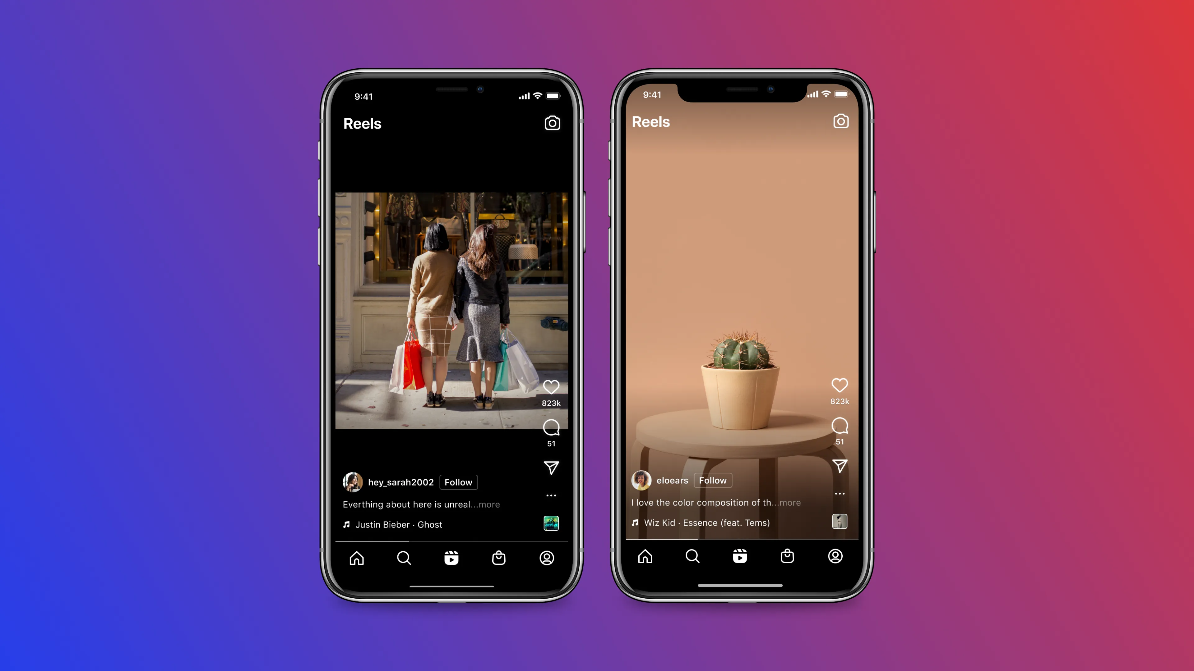 Marketing image featuring two device screenshots showcasing Instagram Reels on iPhone, set against a vibrant colorful background