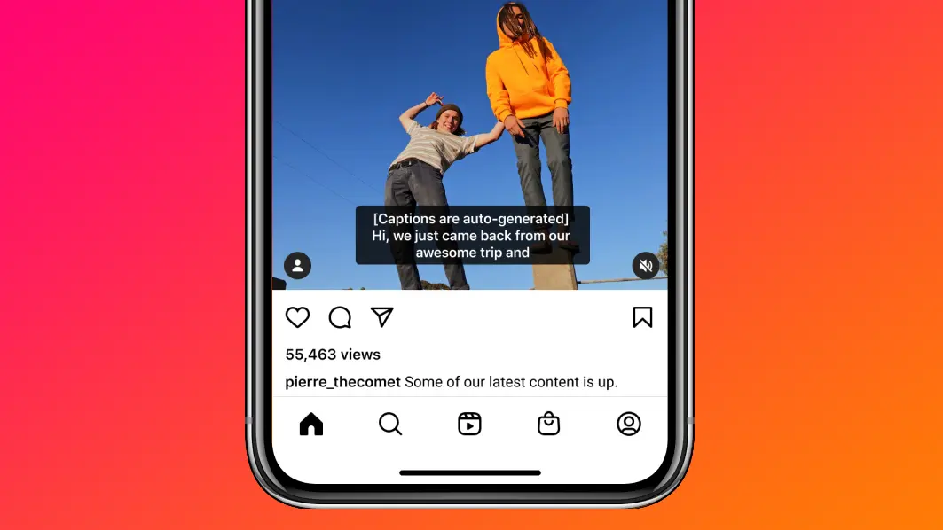 Device screenshot showcasing automatic video captions on Instagram for iPhone, set against a colorful gradient background