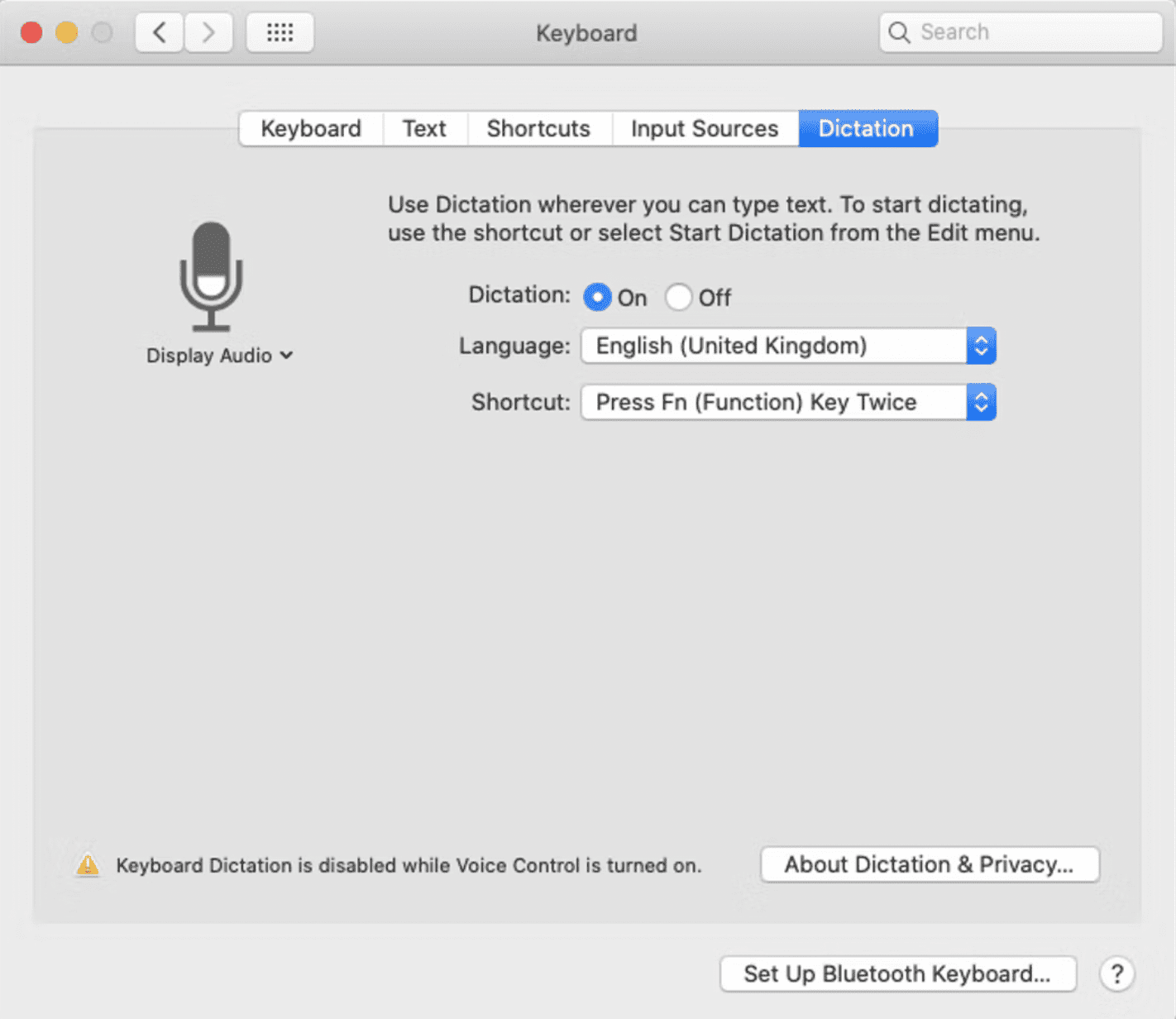Keyboard Dictation is disabled while Voice Control is turned on