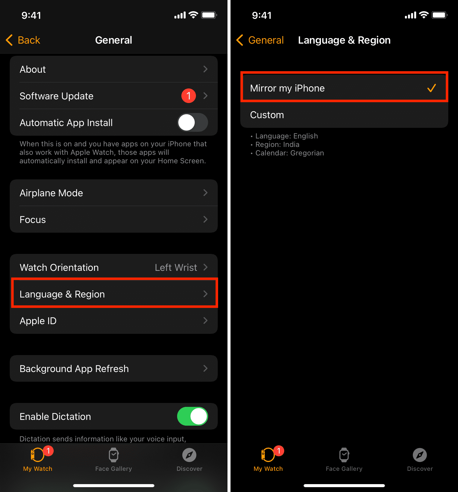 Language and Region in Watch app
