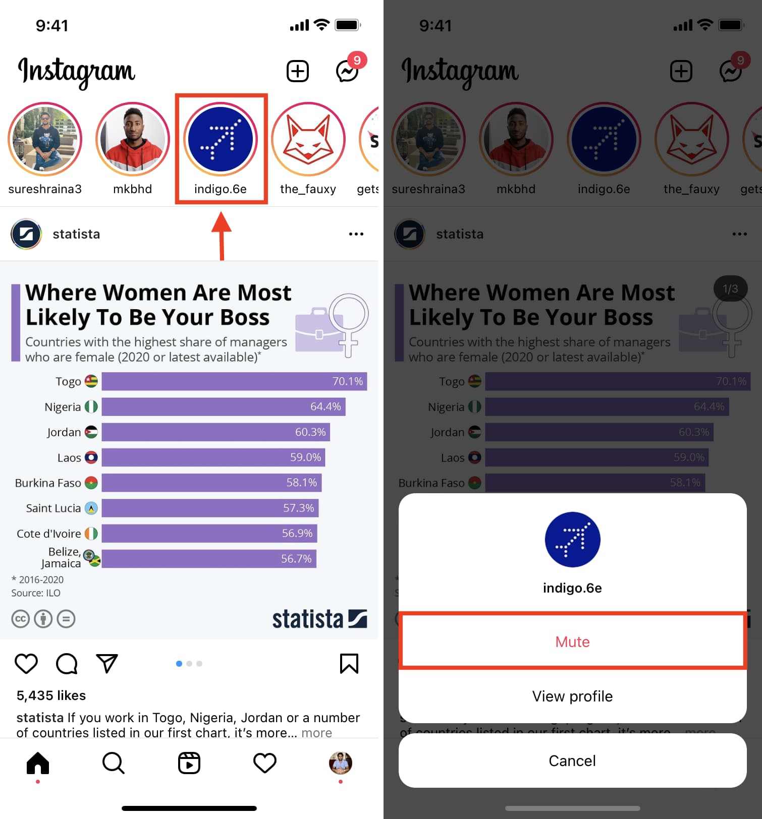 Quickly mute Instagram Story from your feed