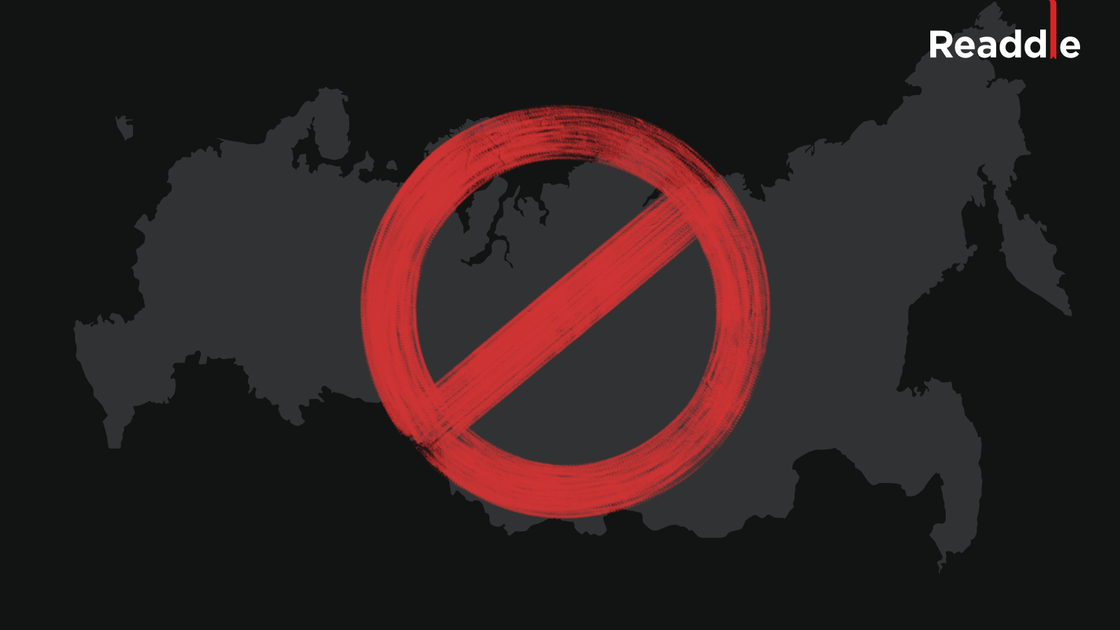 Teaser image featuring a red stop sign plastered over a map of Russia without Crimea, along with the Readdle logo in the top-right corner