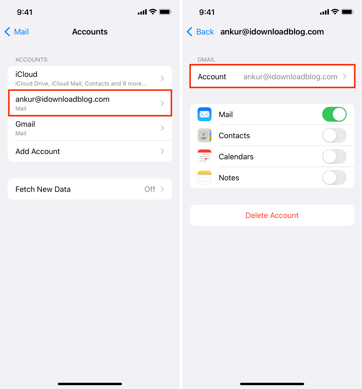 Select email account in iPhone Settings