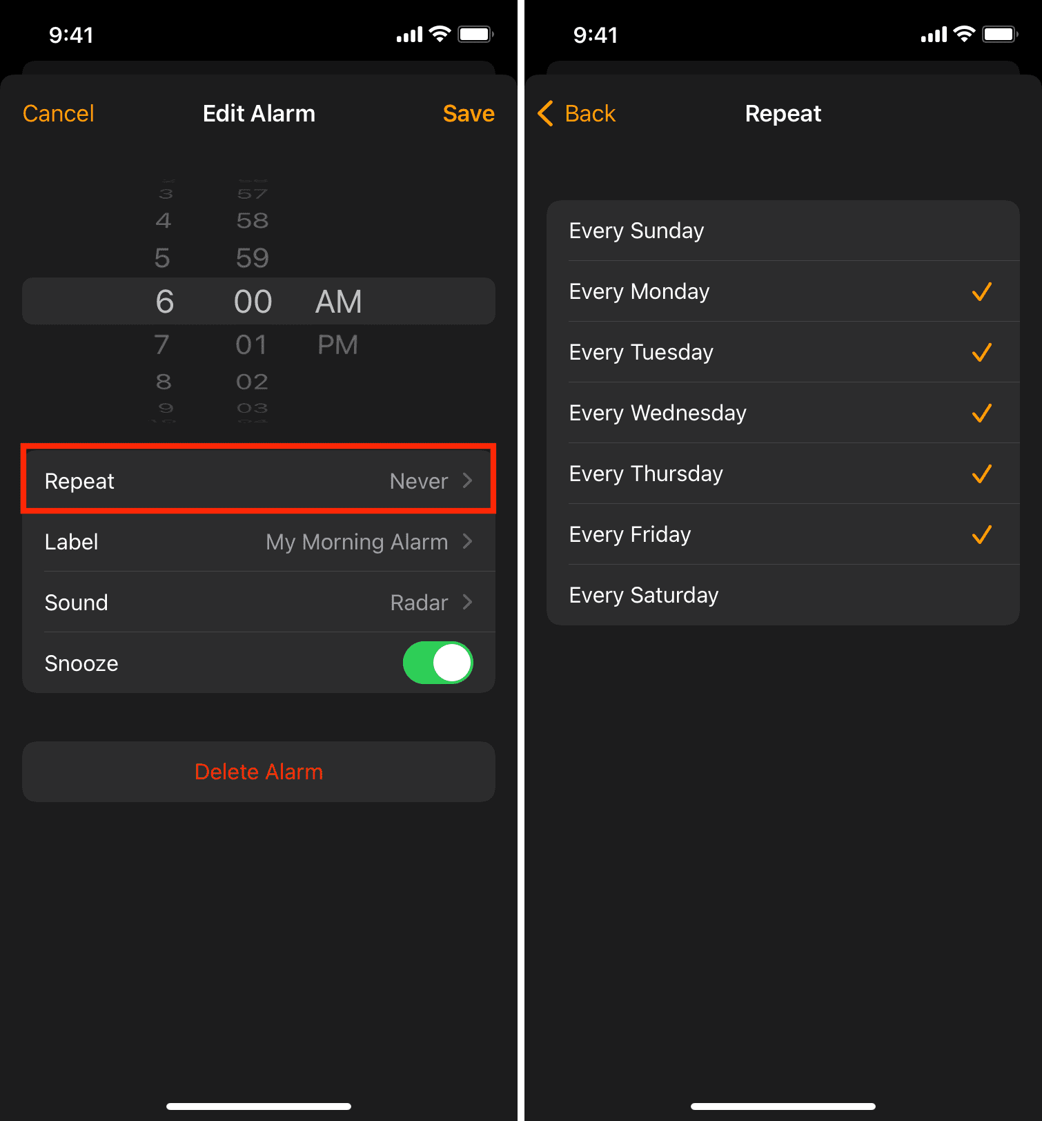 Set iPhone alarm to repeat and sound on all days
