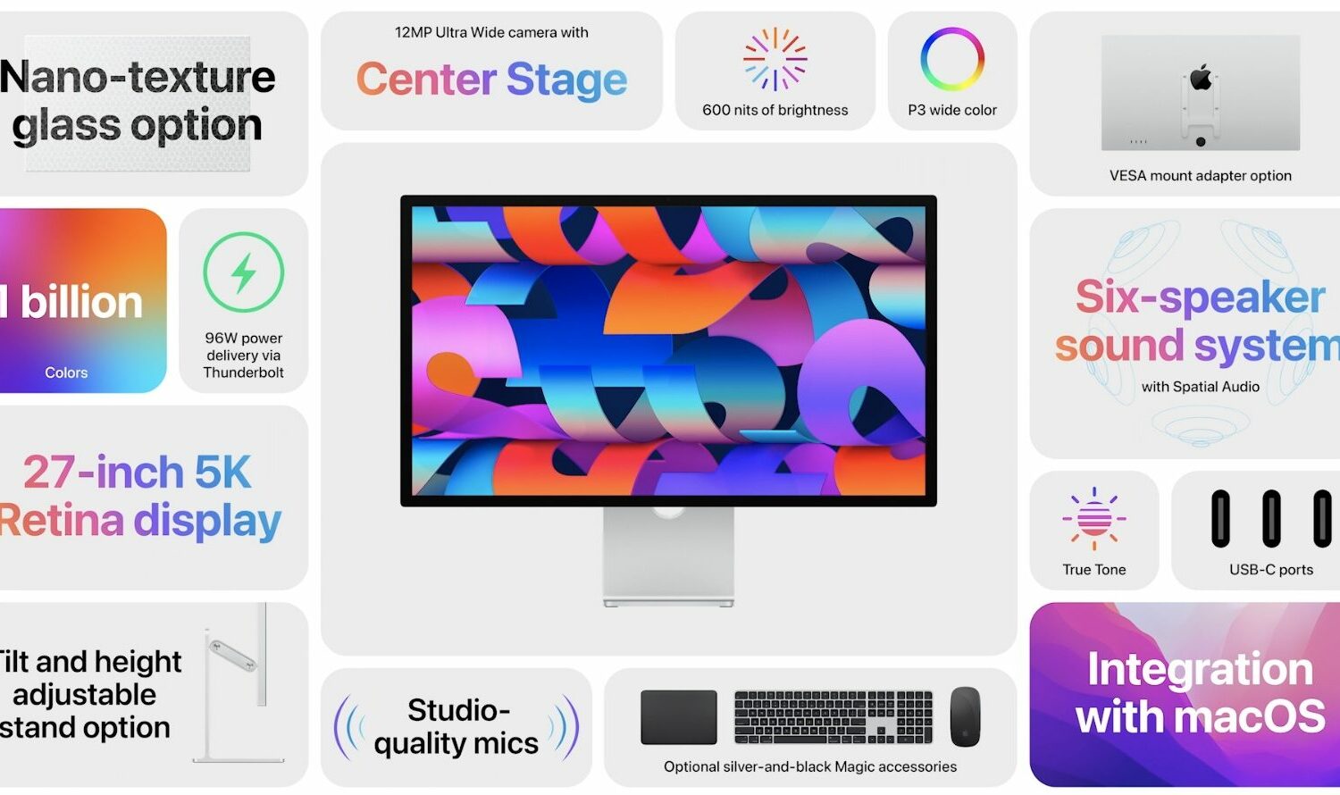 Marketing image showcasing the key features of Apple's Studio Display monitor