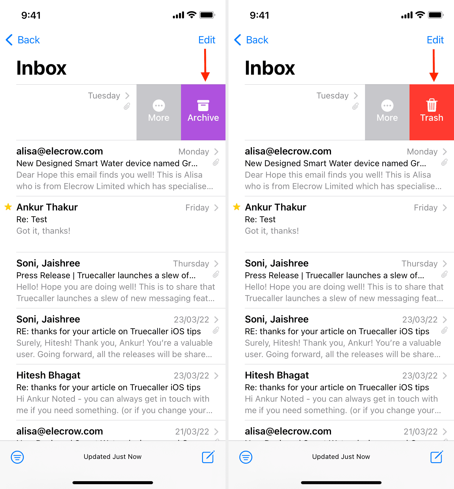 Trash Mail swipe action on iPhone