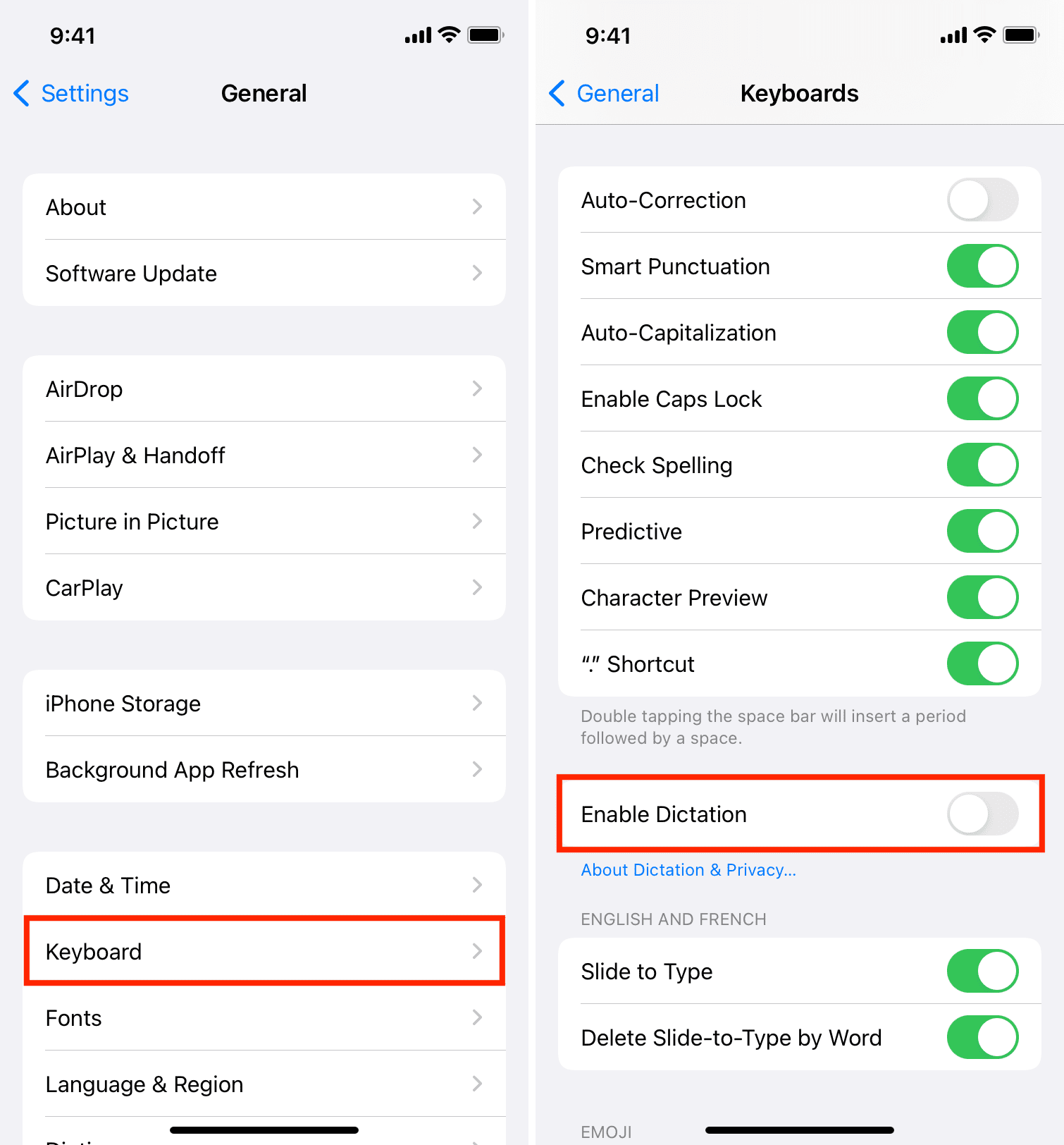 Turn off Enable Dictation on iPhone