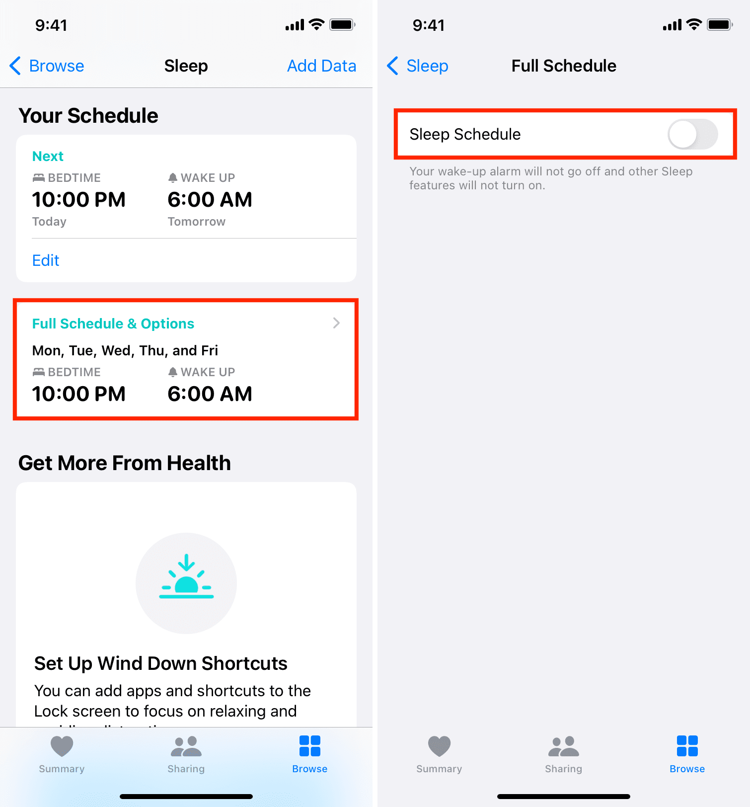 Turn off Sleep Schedule on iPhone to stop it from conflicting with alarm