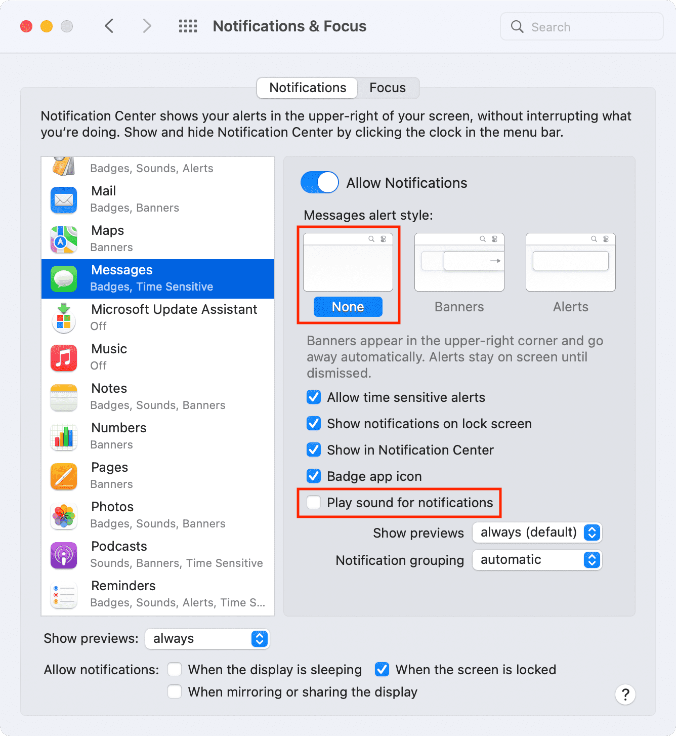 Turn off all message alerts on Mac