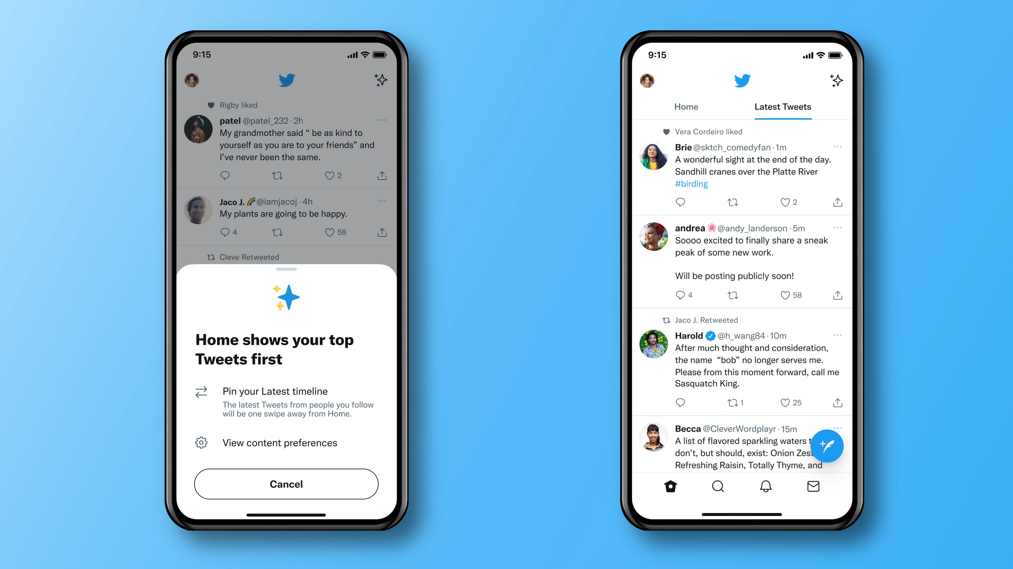 Zwei iPhone-Screenshots, die den Wechsel zwischen der chronologischen Zeitleiste und dem algorithmischen Feed in der mobilen Twitter-App zeigen