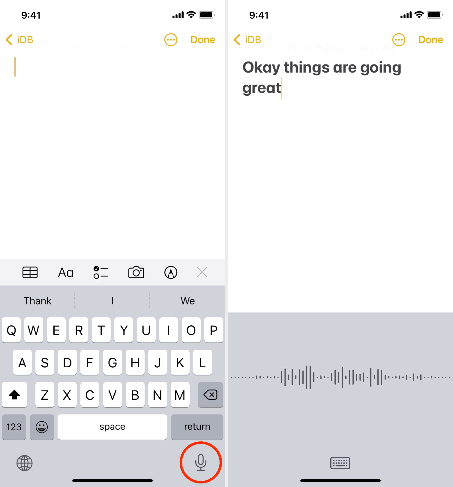 Use dictation on iPhone by tapping the microphone key on the keyboard