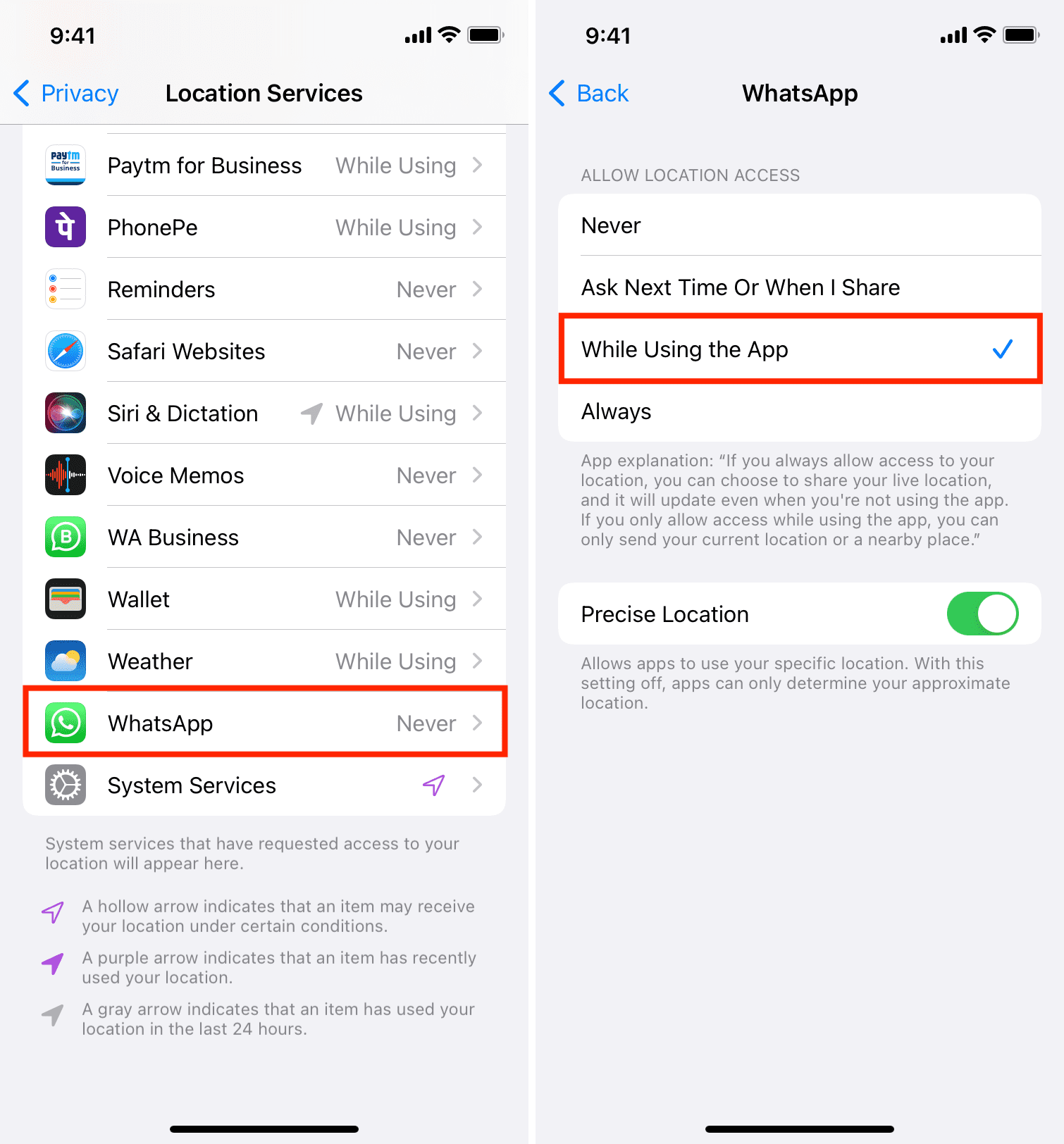 While Using the App in Location Services for an app on iPhone