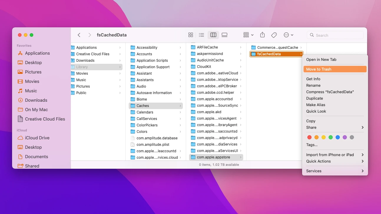 A Mac screenshot of a Finder window in macOS Monterey with the App Store cache folder
