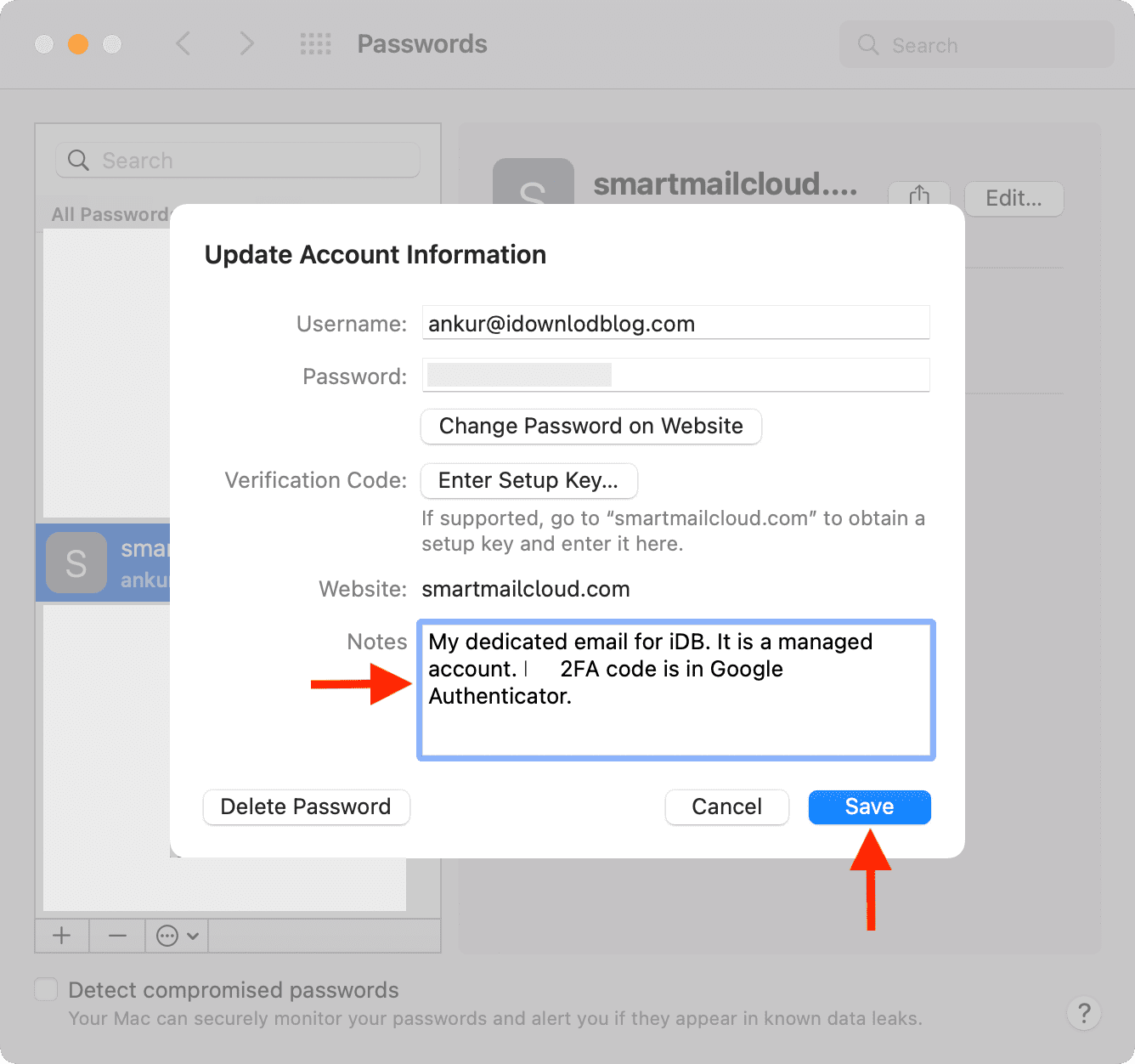 Add Notes to password on Mac