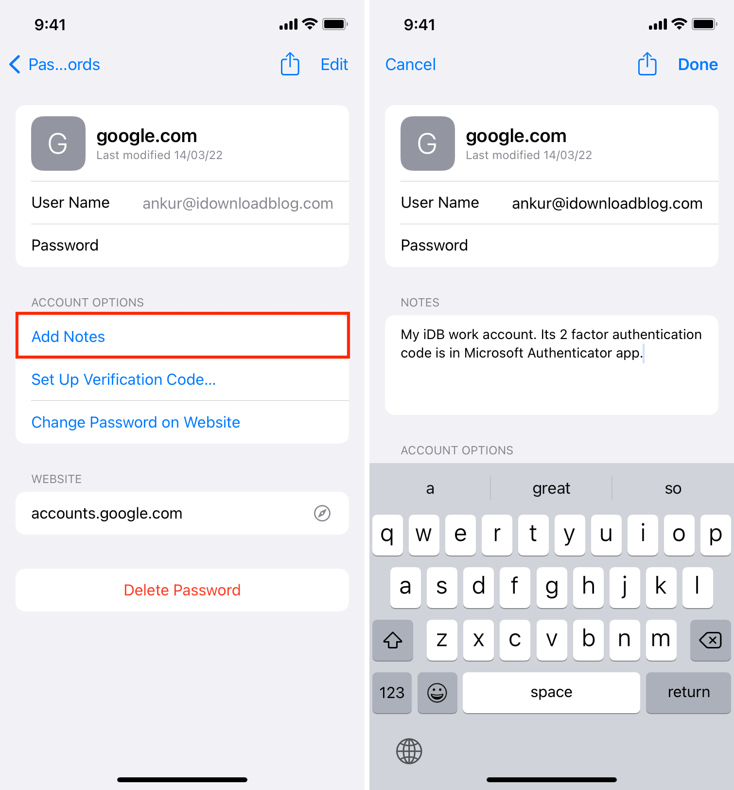 Add Notes to password on iPhone