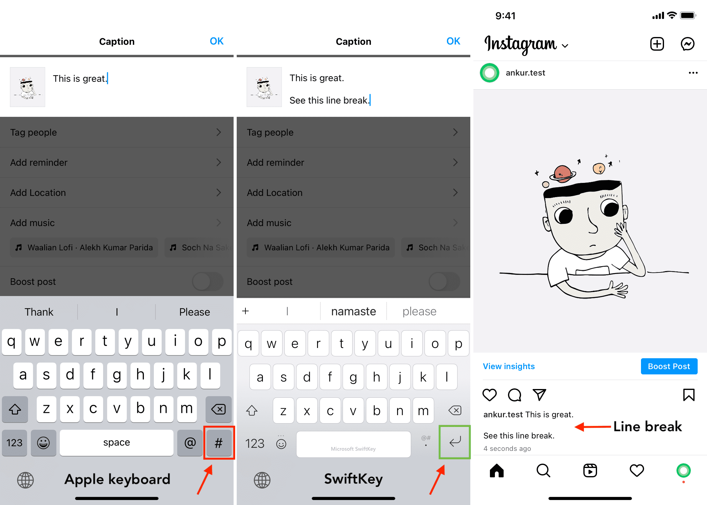 Add line break on Instagram using SwiftKey keyboard