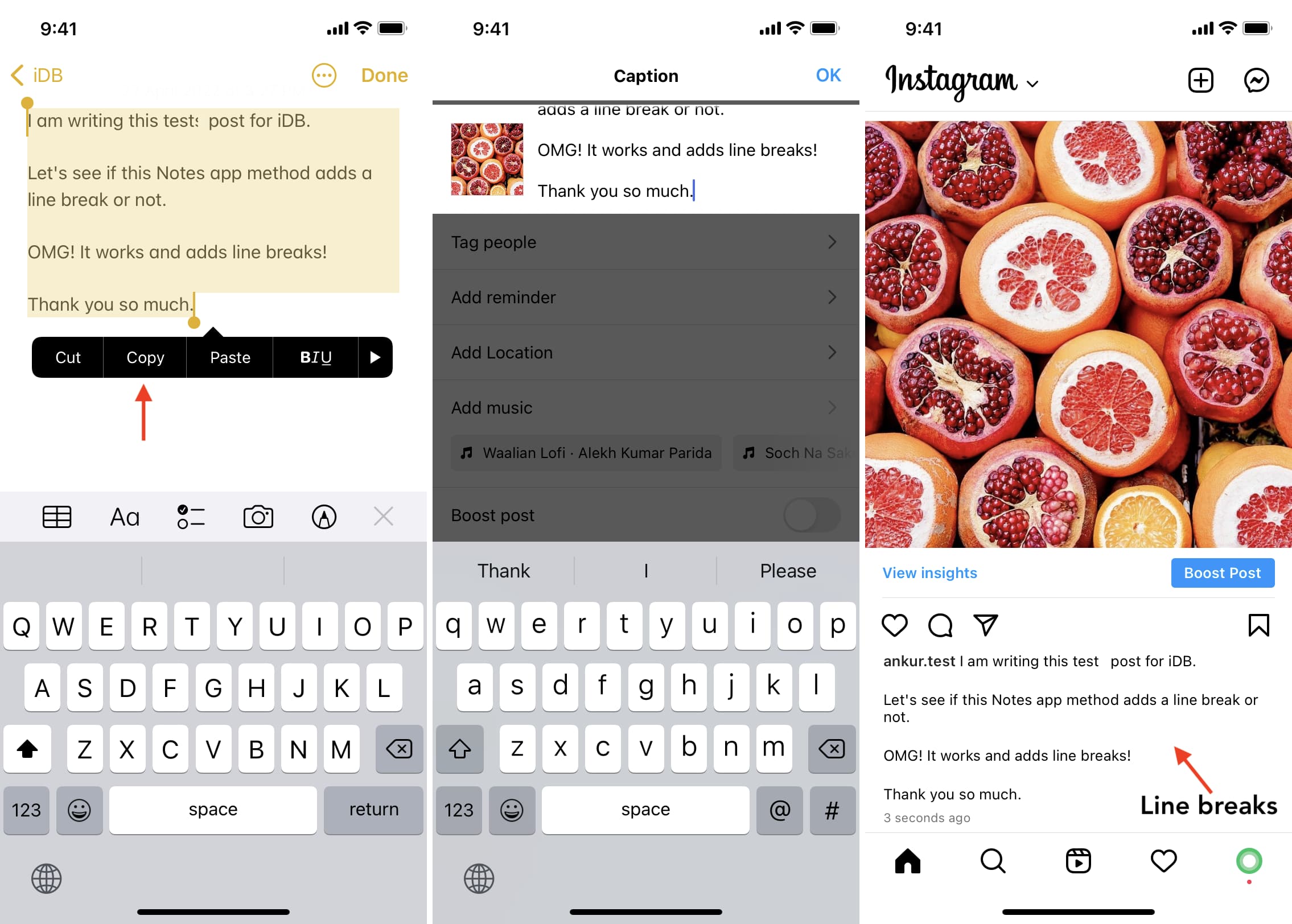 Add line breaks in Instagram posts captions, comments, and bio using Notes app