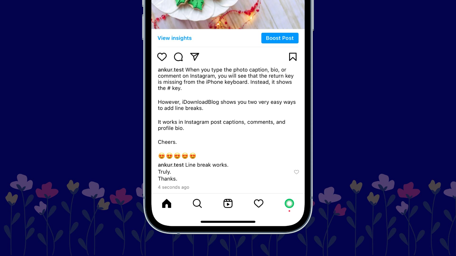 Add line break to Instagram post captions, comments, and profile bio from iPhone