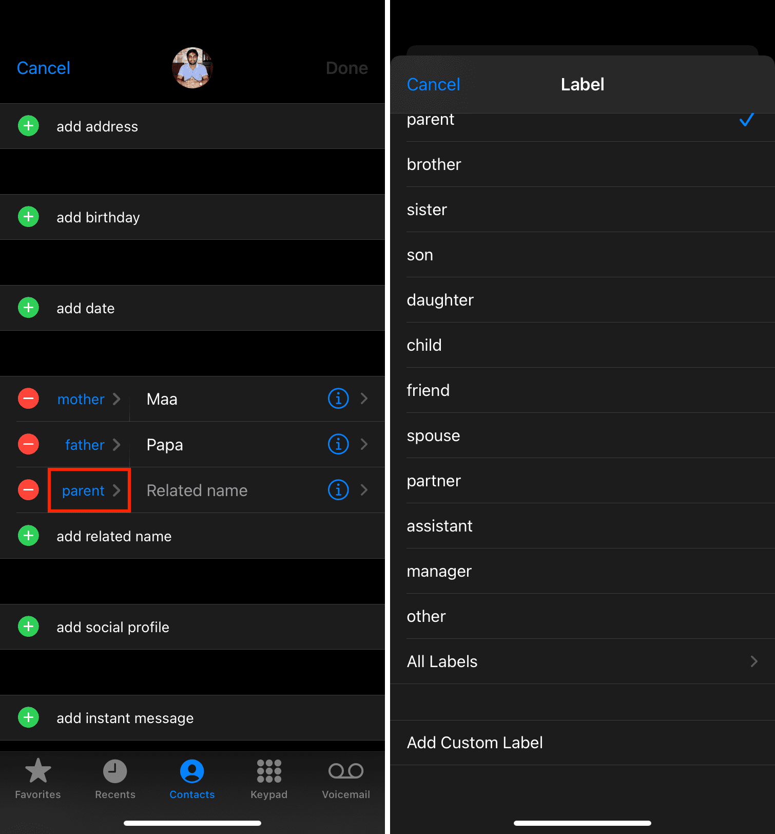Add relationship label to iPhone contacts