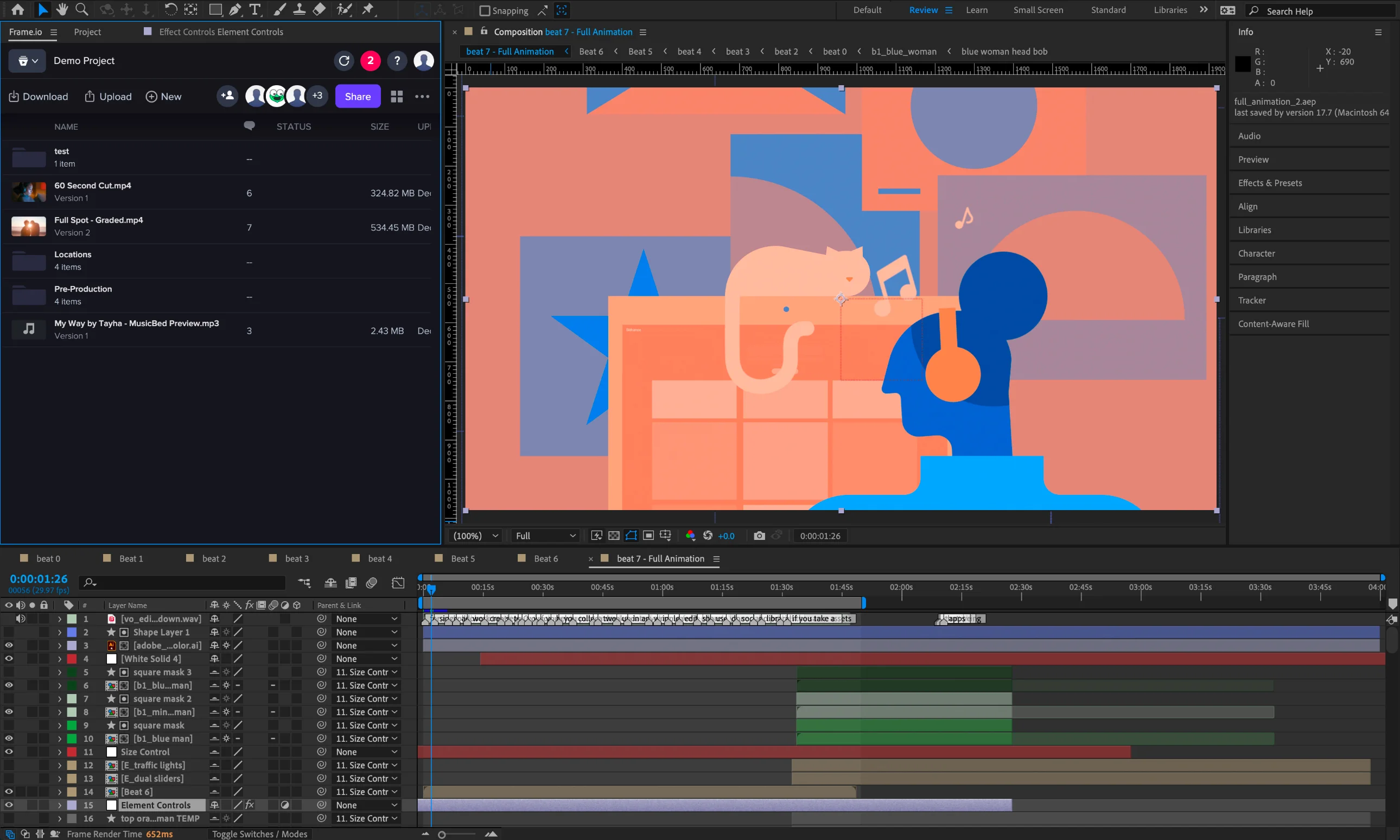Adobe-Screenshot, der die Frame.io-Rezension in After Effects für Mac zeigt