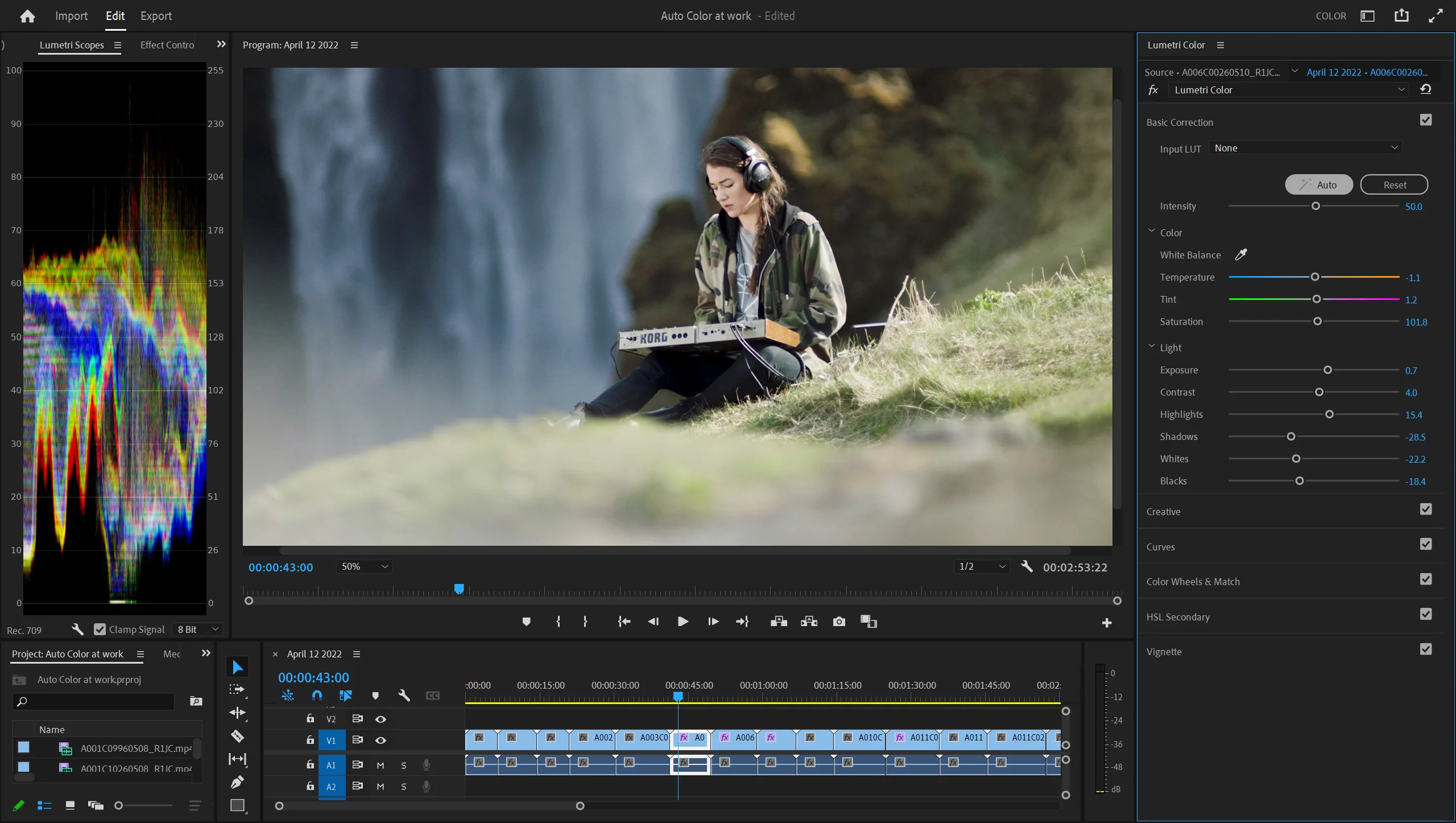 Adobe-Screenshots zeigen die KI-gestützte Auto-Color-Funktion in Premiere Pro für Mac